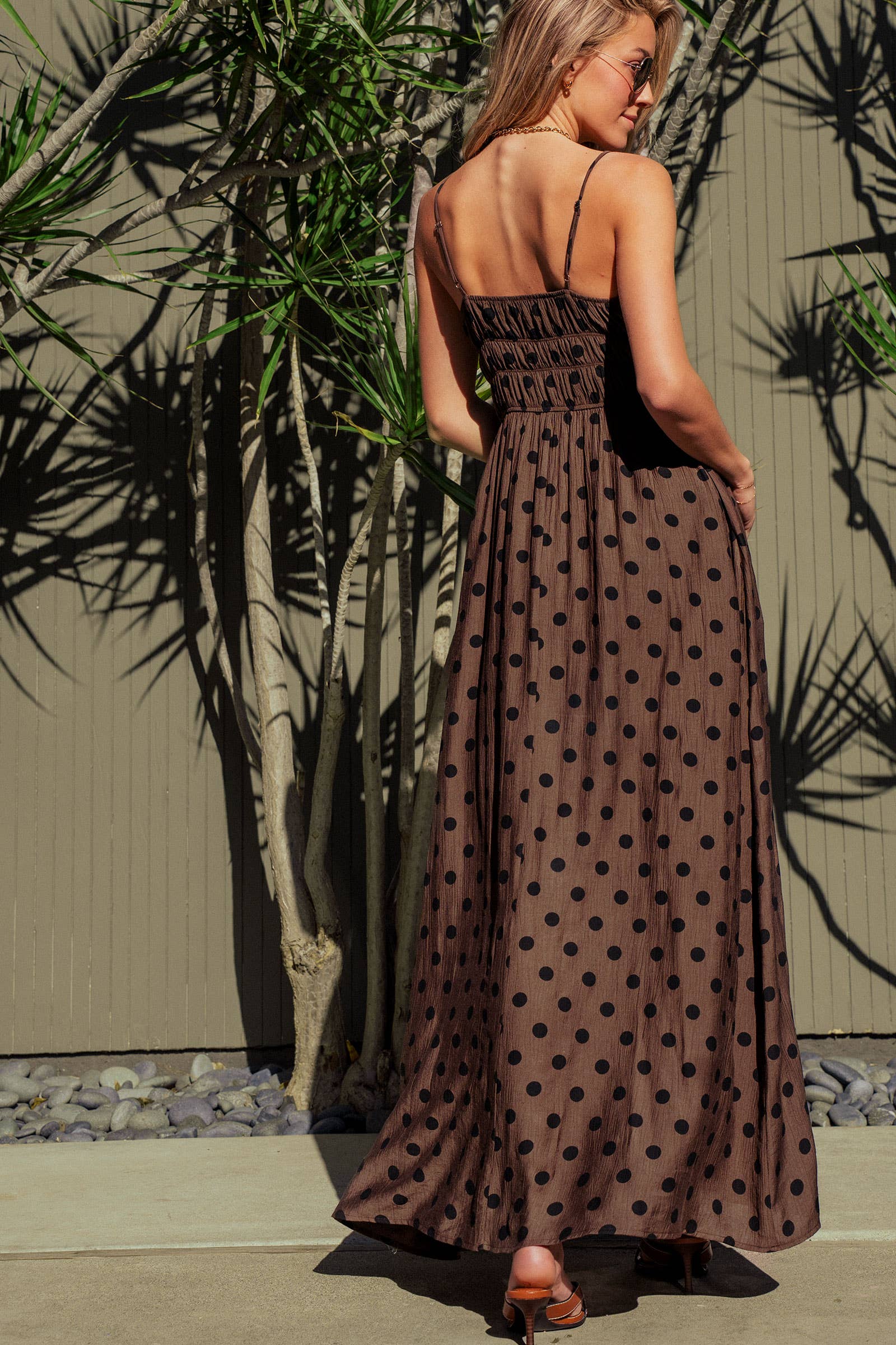 Urban Daizy Polka Dot Smocked Maxi Dress Linen Blend Brown/Black Dress - Women's (UDZ-DR-00515) – alternate view 6