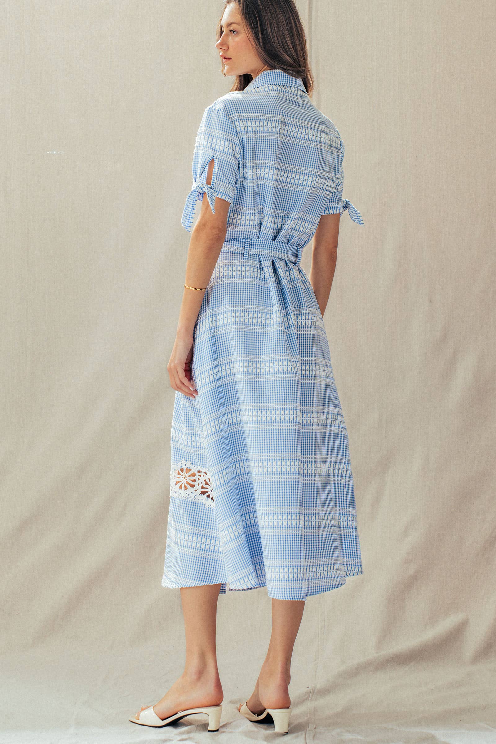Gingham Cotton Shirt Dress Eyelet Embroidery