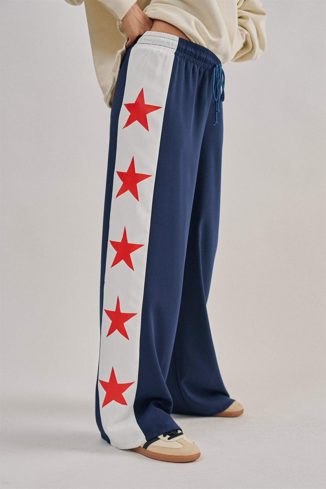 USA Star Side Stripe Wide-Leg Track Pants in NAVY - Women's Casual Pants | Urban Daizy