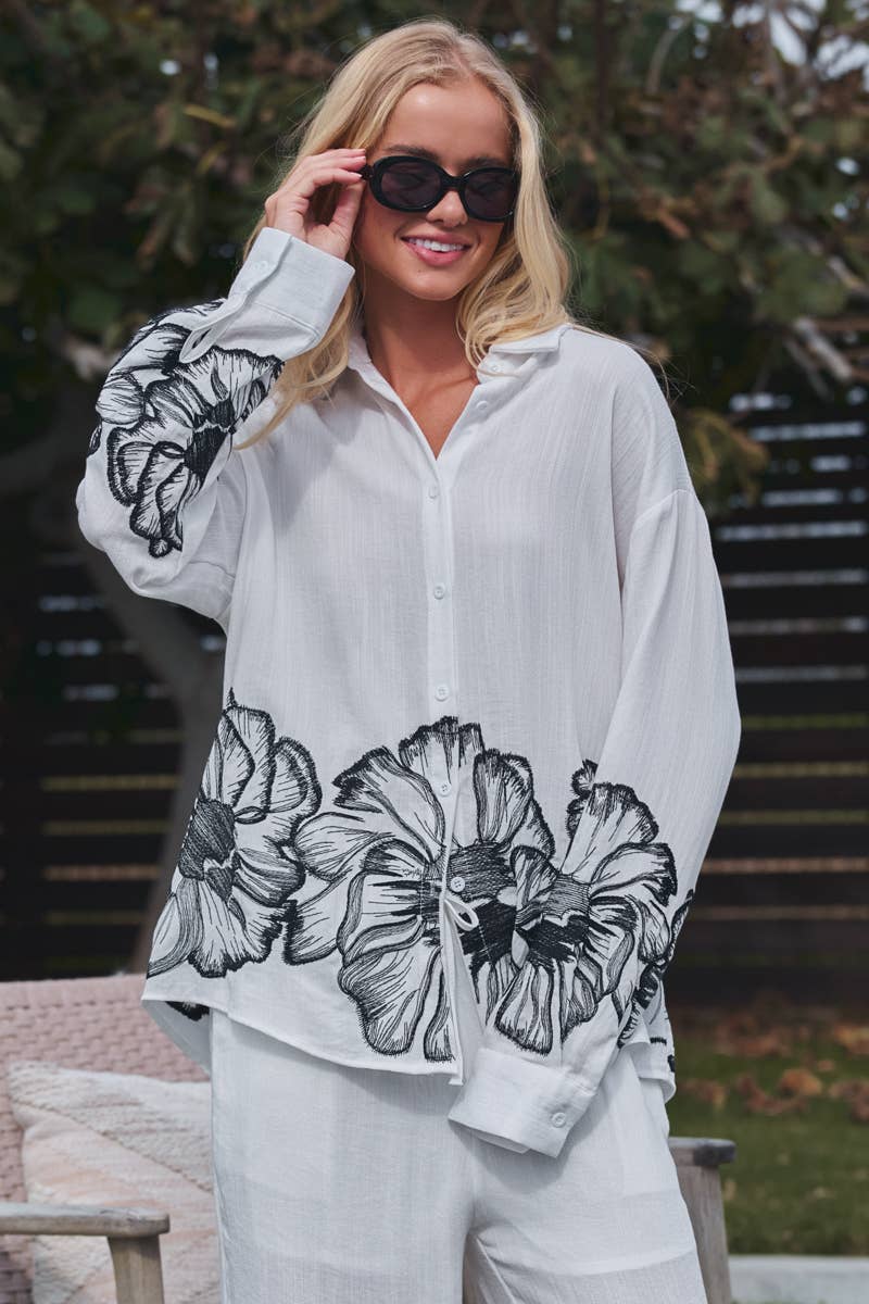 Urban Daizy Floral Embroidered Oversized Button Down Shirt Taupe Button Down Shirt - Women's (UDZ-OT-00168) – alternate view 2