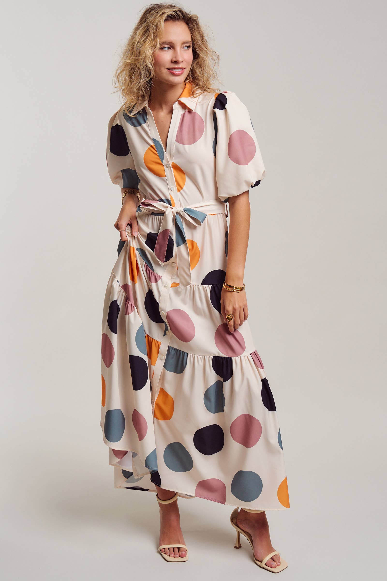 Urban Daizy Retro Polka Dot Puff Sleeve Tiered Maxi Shirt Dress Cream Dress - Women's (TNDR1630-Cream) – alternate view 2