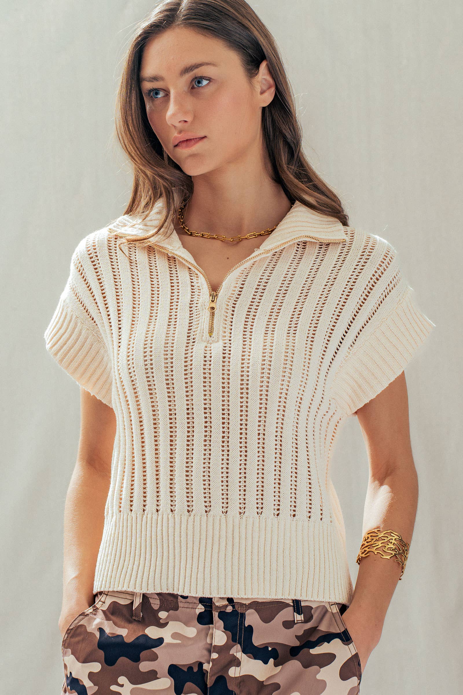Ribbed Knit Half-Zip Mock Neck Sweater Vest
