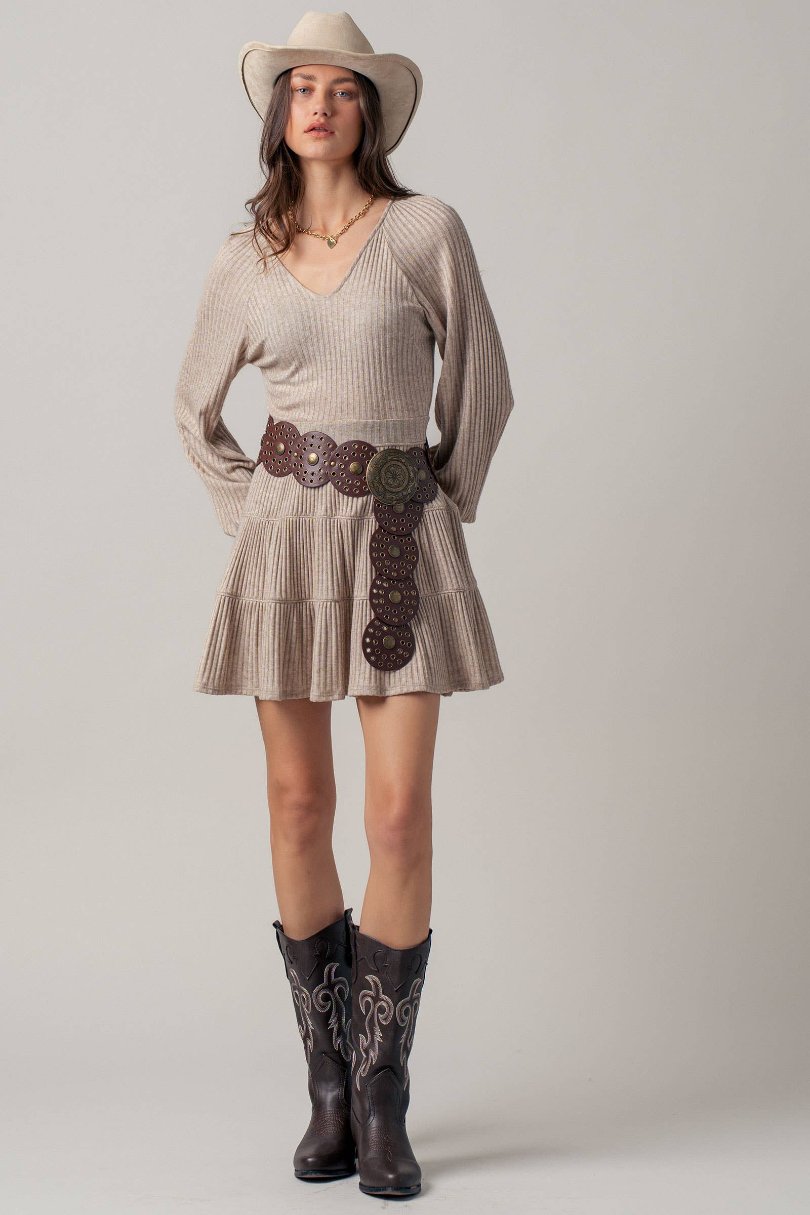 Cashmere Ribbed V-Neck Tiered Mini Dress