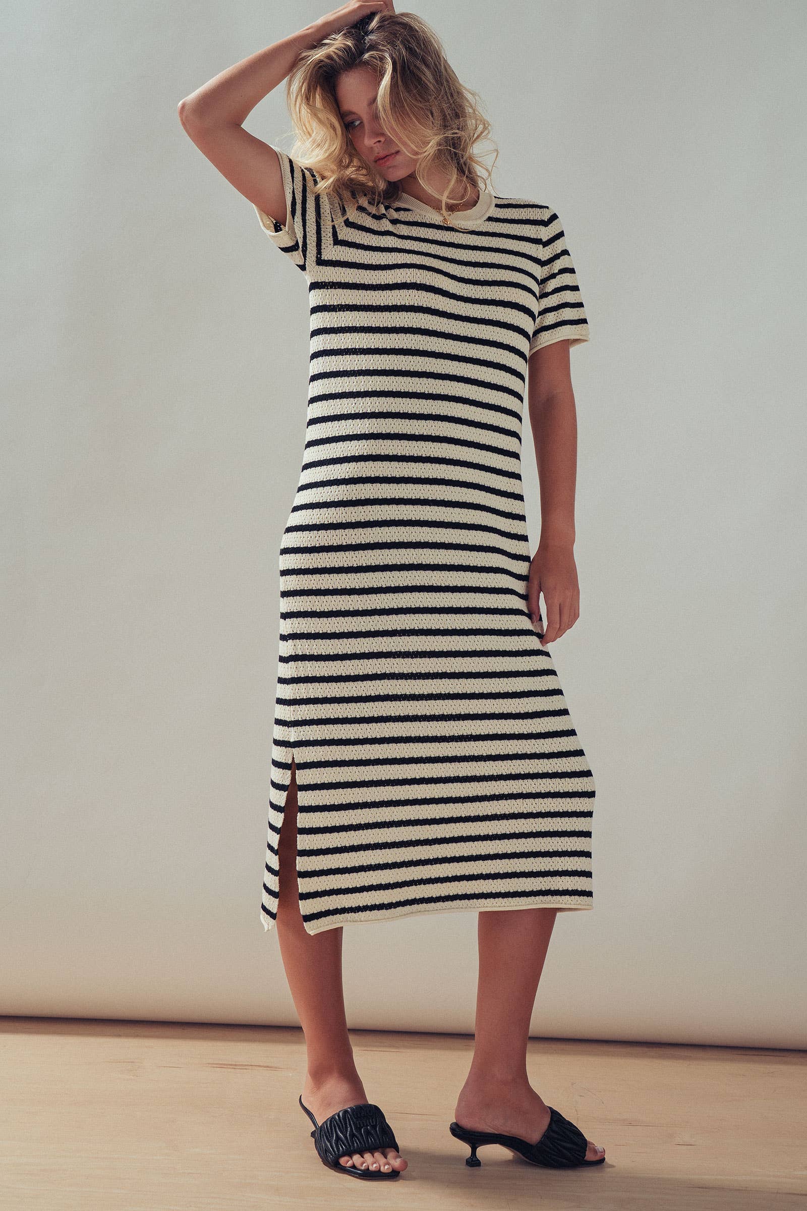 Striped Crochet Knit Short Sleeve Midi Dress