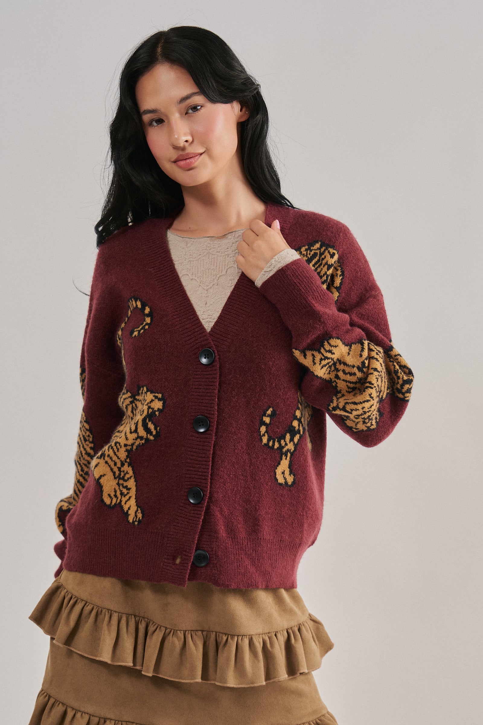 Tiger Jacquard Knit Sweater Cardigan | wholesale cardigan - women's | Urban Daizy