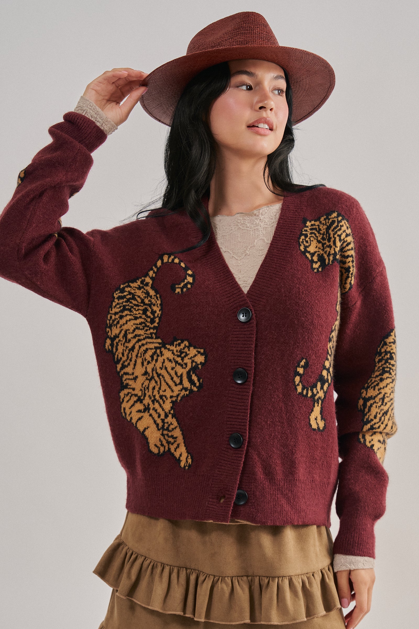 Tiger Jacquard Knit Sweater Cardigan | wholesale cardigan - women's | Urban Daizy