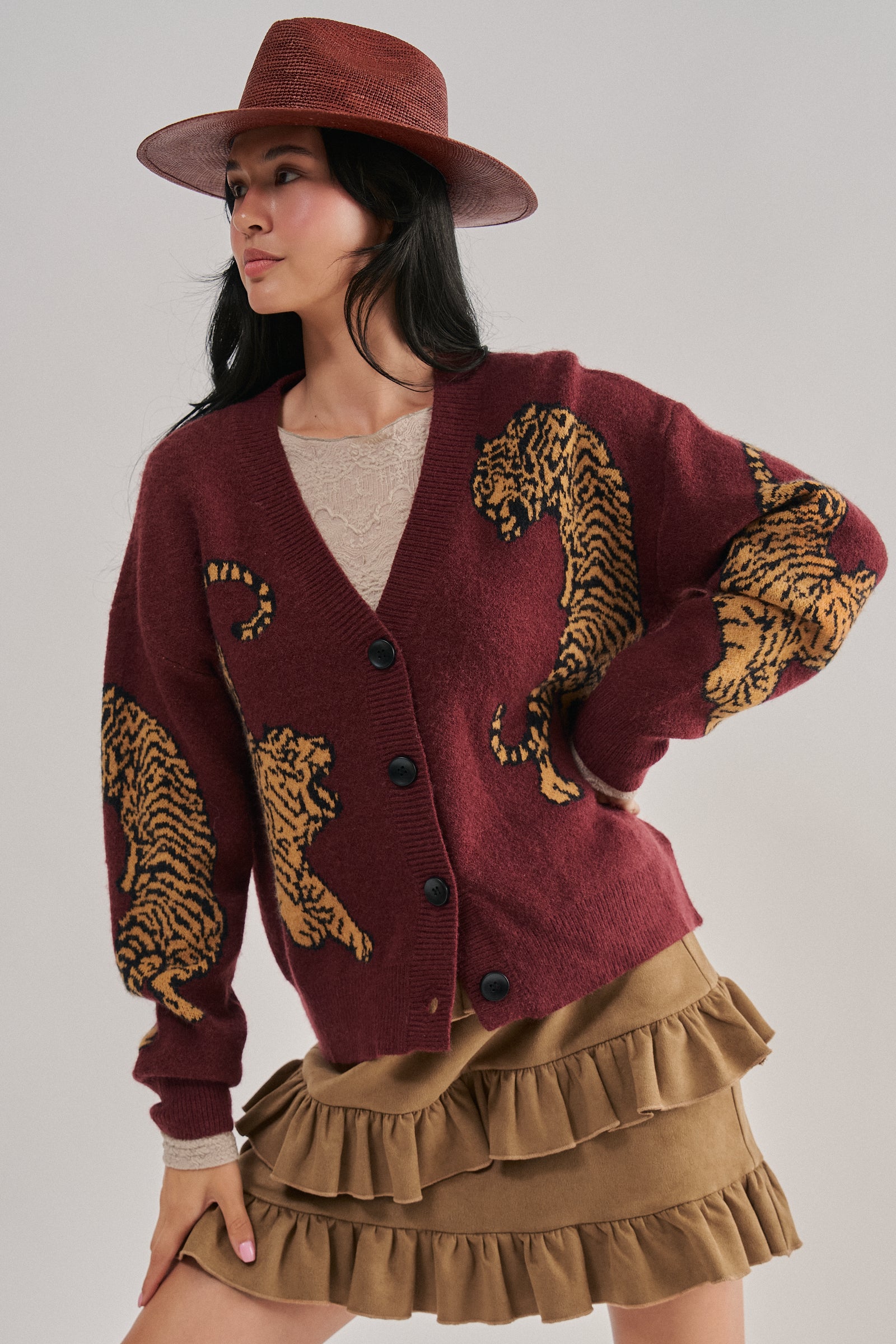Tiger Jacquard Knit Sweater Cardigan | wholesale cardigan - women's | Urban Daizy