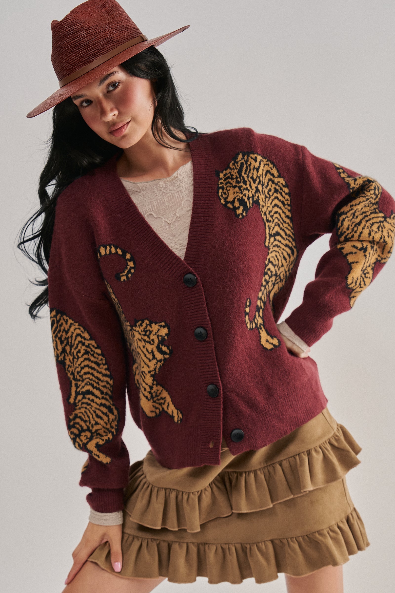 Tiger Jacquard Knit Sweater Cardigan | wholesale cardigan - women's | Urban Daizy