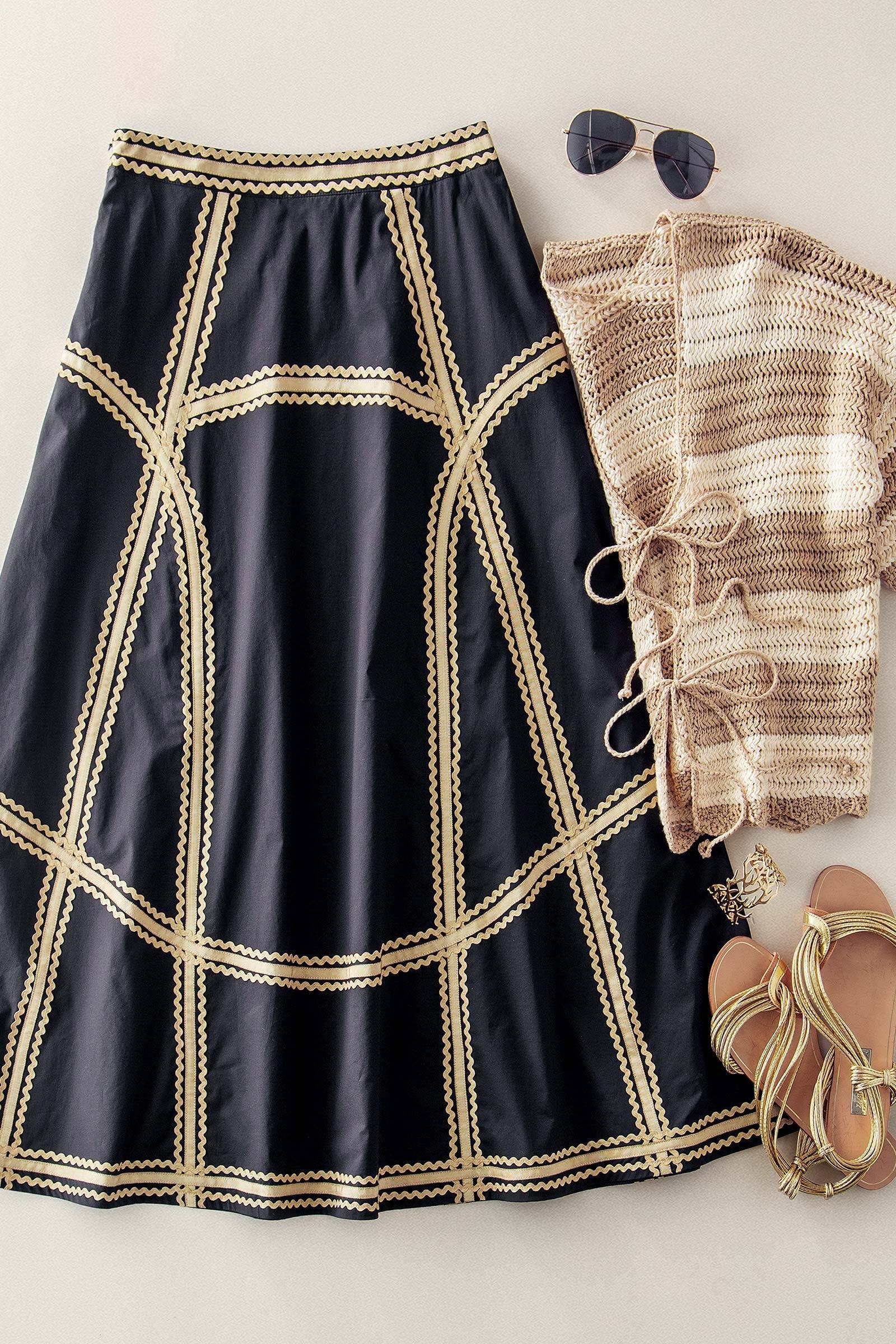 Contrast Rickrack Trim Cotton A-Line Midi Skirt