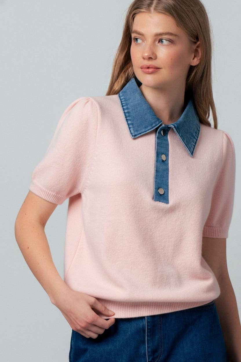 Urban Daizy Contrast Denim Collar Knit Sweater Top Ivory-Blue Knit Sweater - Women's (UDZ-OT-00168) – alternate view 4