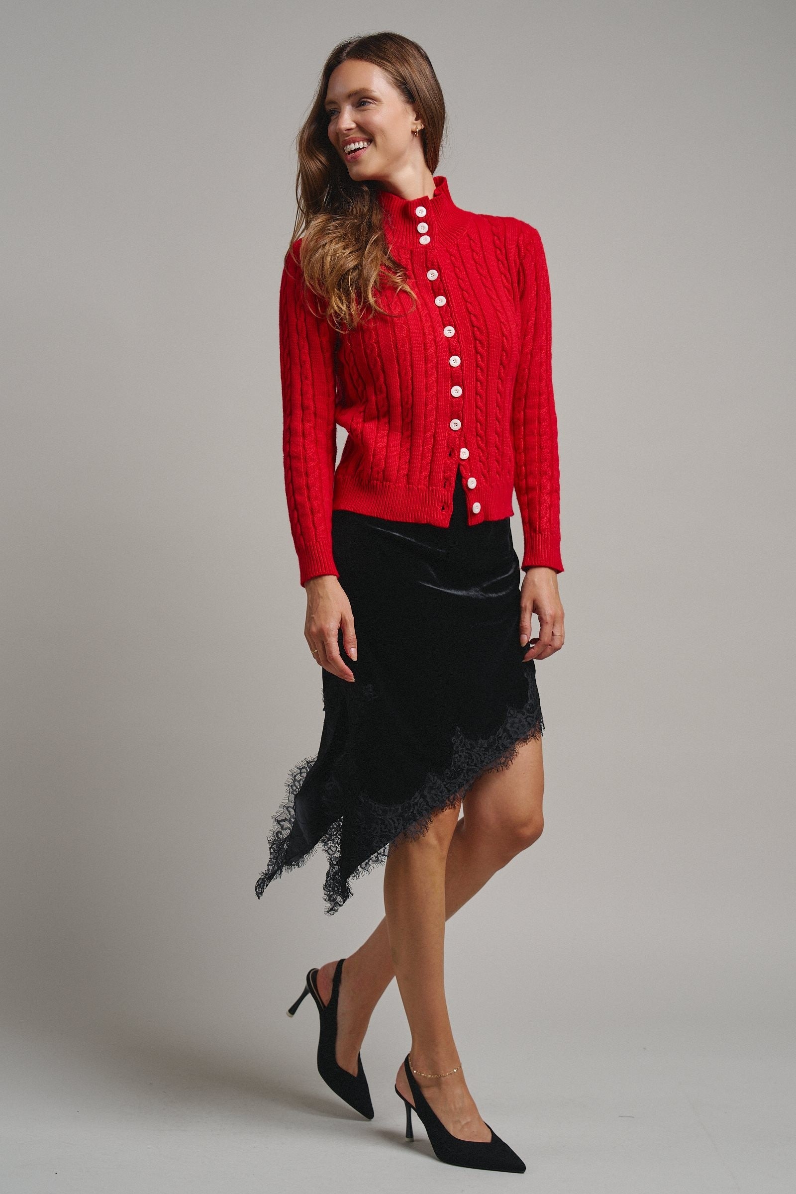 Cable Knit Mock Neck Button-Front Cardigan in RED - Women's Sweaters | Urban Daizy