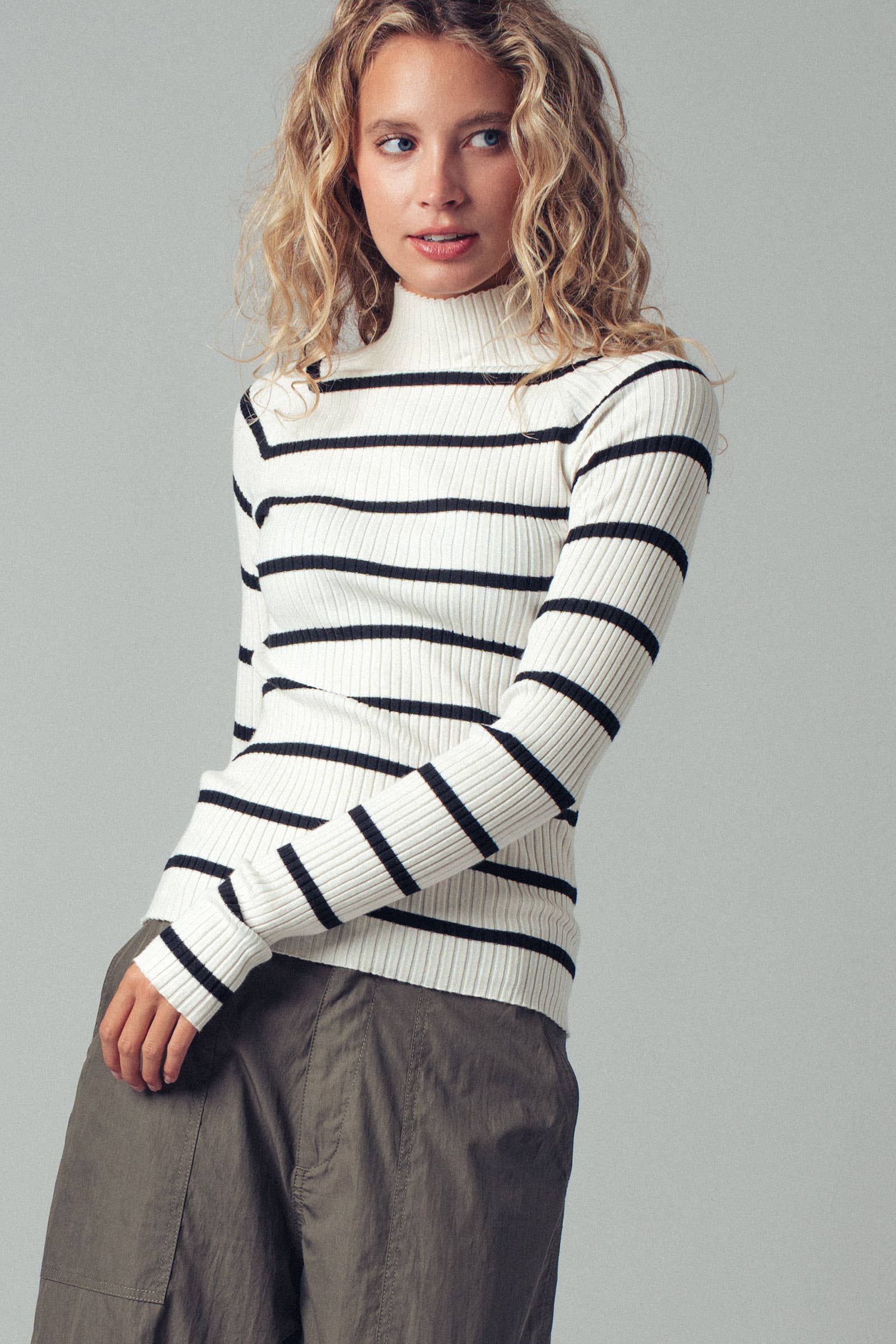 Striped Mock Neck Ribbed Sweater