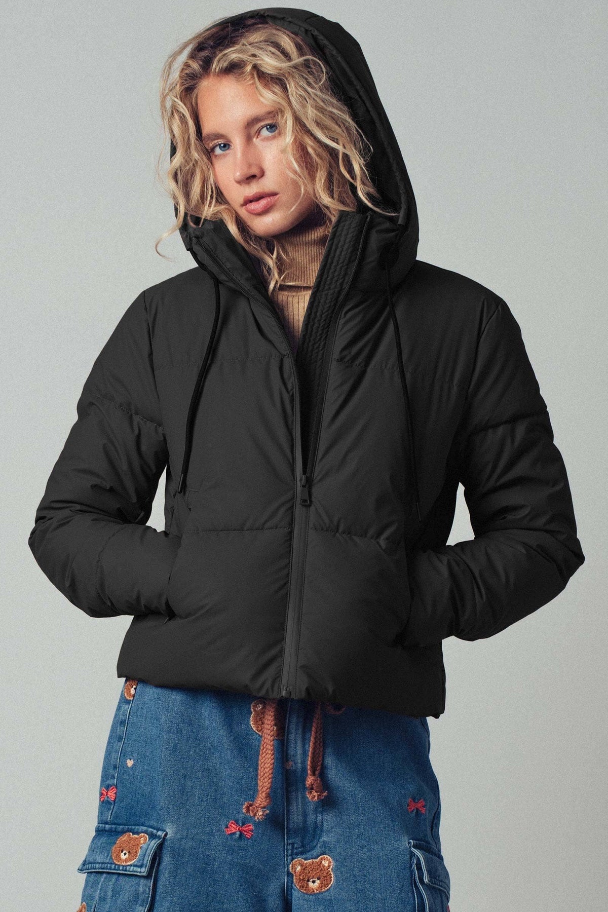 Urban Daizy Cozy Drawstring Hooded Puffer Jacket Black Puffer Jacket - Women's (UDZ-KN-00653)