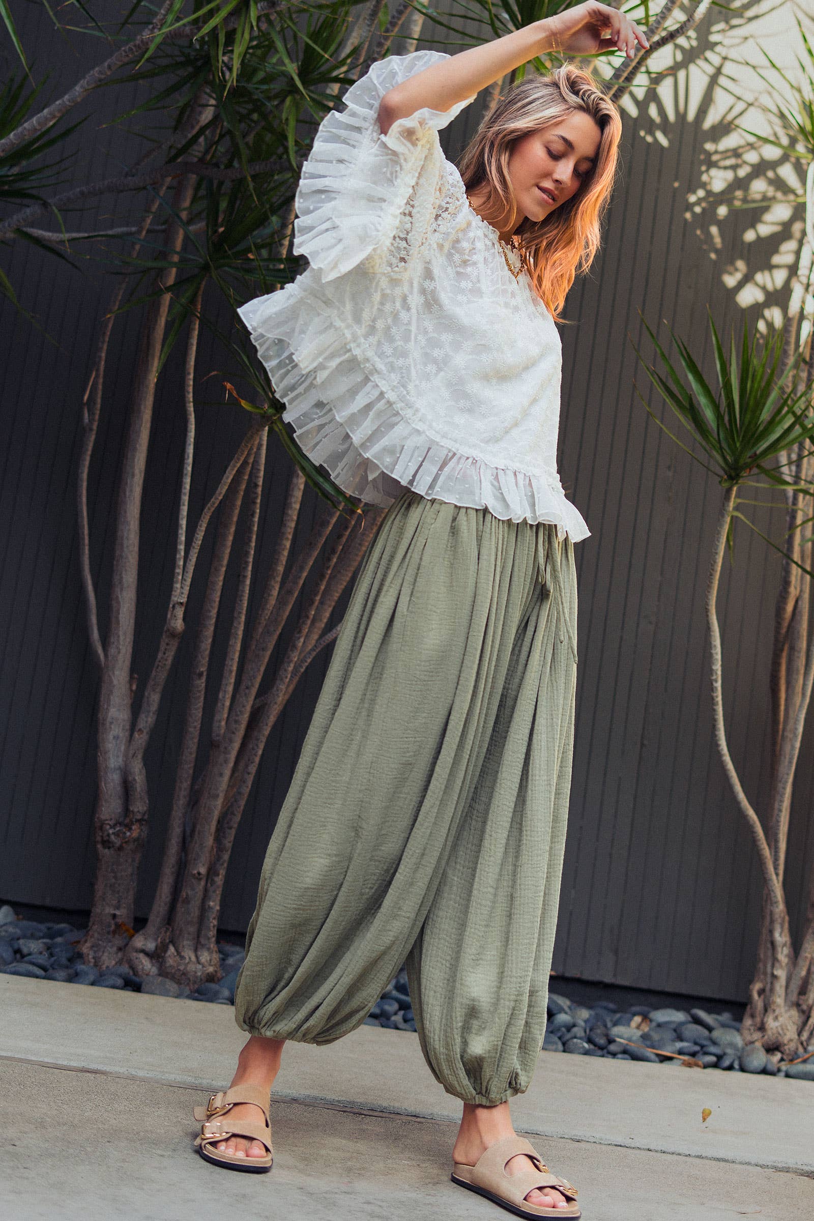 Urban Daizy Crinkle Balloon Pants Drawstring Olive Pants - Women's (UDZ-PT-00476) – alternate view 12