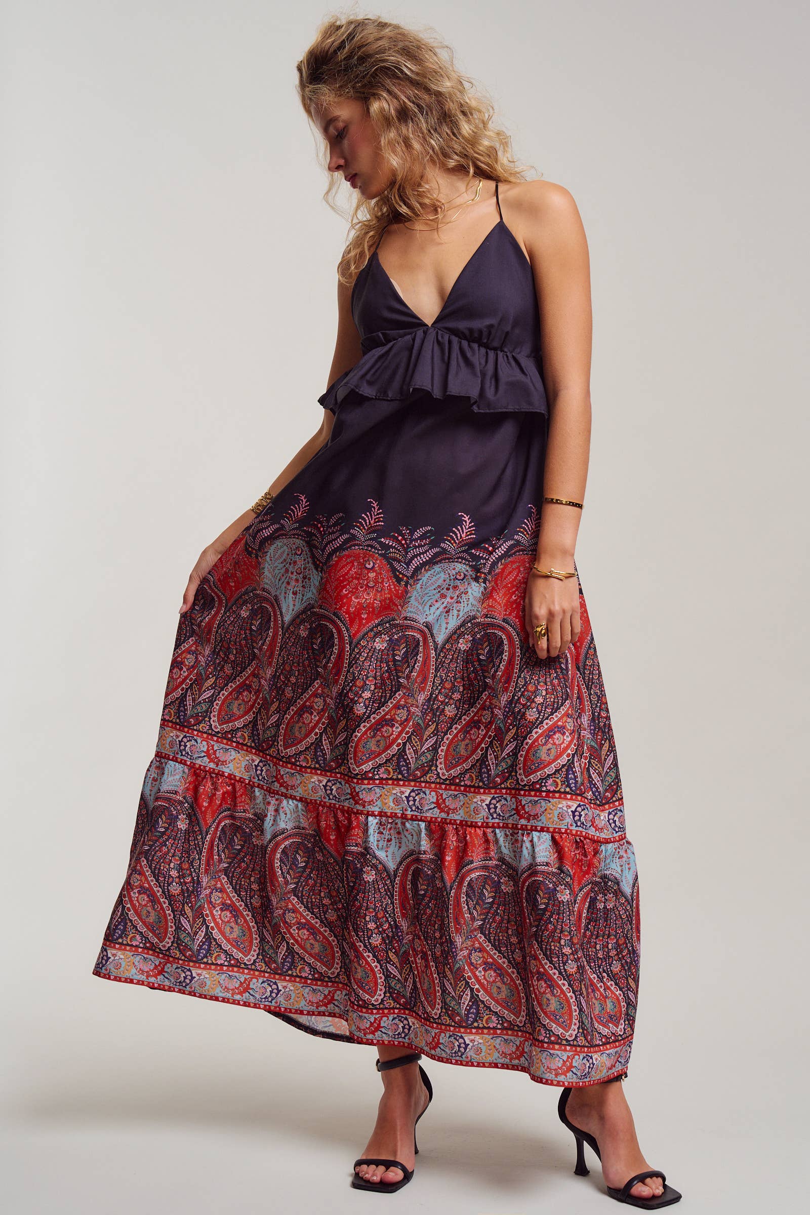 Urban Daizy Paisley Border Print Ruffle Overlay Maxi Dress Black Dress - Women's (UDDR0351-Black) – alternate view 3