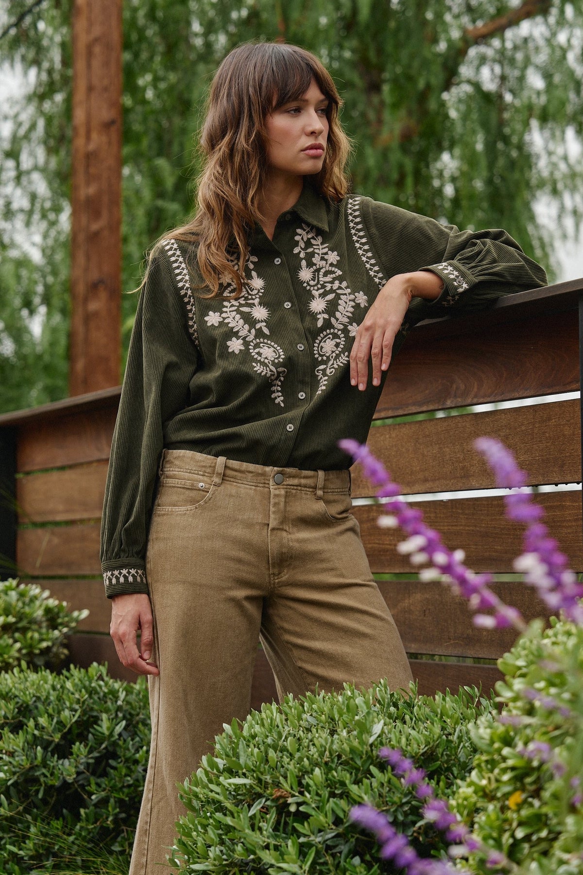 Embroidered Corduroy Western Shirt with Floral Stitch in OLIVE - Women's Shirts & Blouses | Urban Daizy