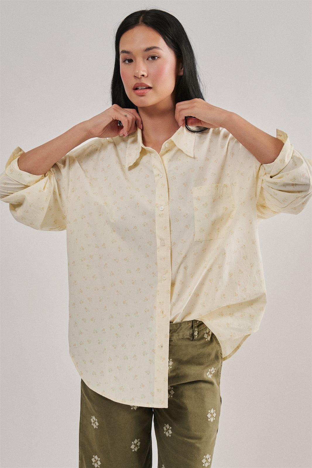 Soft Meadow Button-Down Shirt in CREAM - Women's Shirts & Blouses | Urban Daizy
