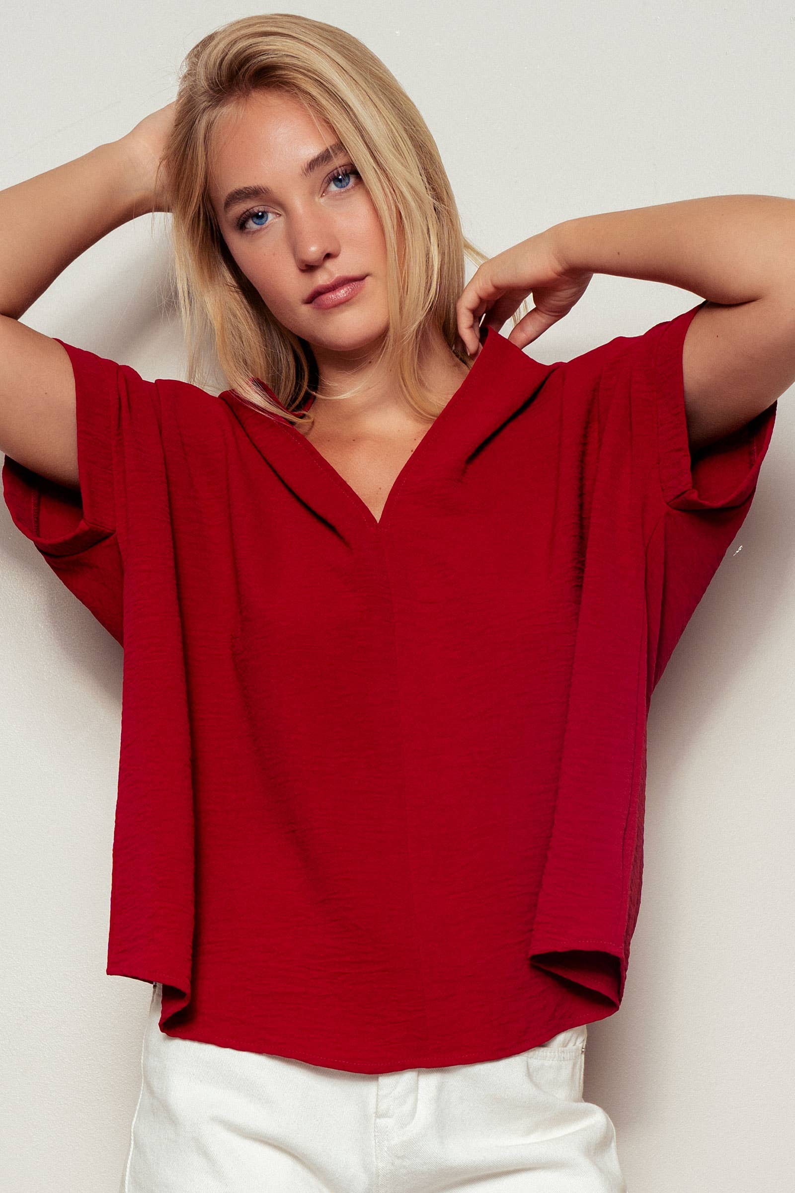 Urban Daizy Oversized V-Neck Folded Short Sleeve Top-GD Gd-Blue Blouse - Women's (UDZ-TP-00270) – alternate view 7