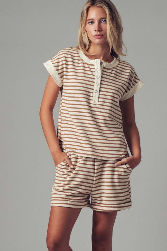 Striped Henley Button-Up Western Top
