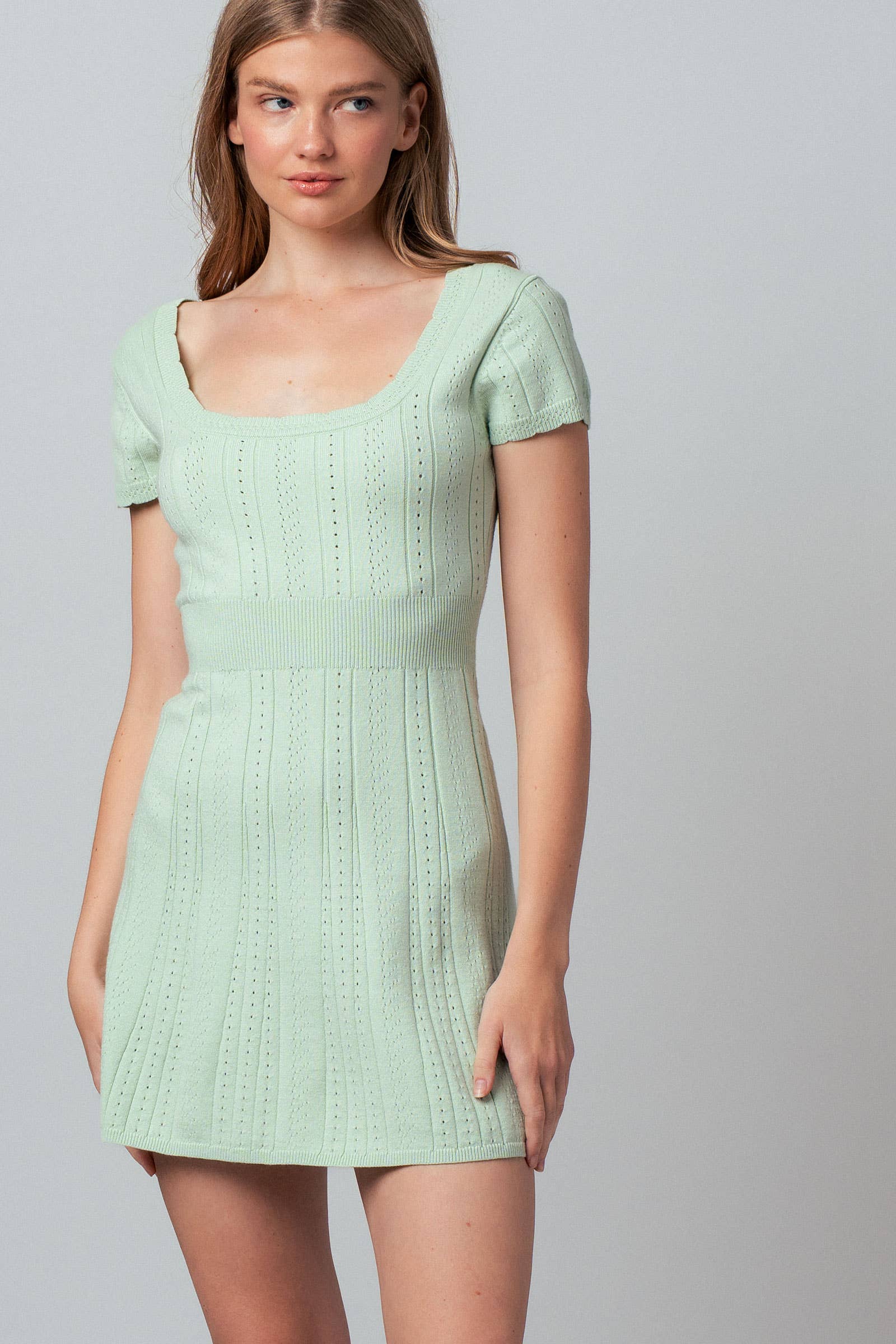 Pointelle Knit Square Neck Mini Dress