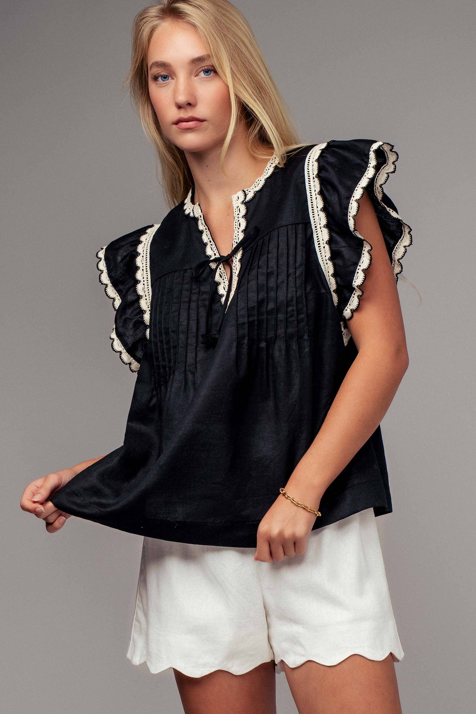 Urban Daizy Lace Trim Pintuck Flutter Sleeve Blouse Black Blouse - Women's (UDZ-TP-00810) – alternate view 5