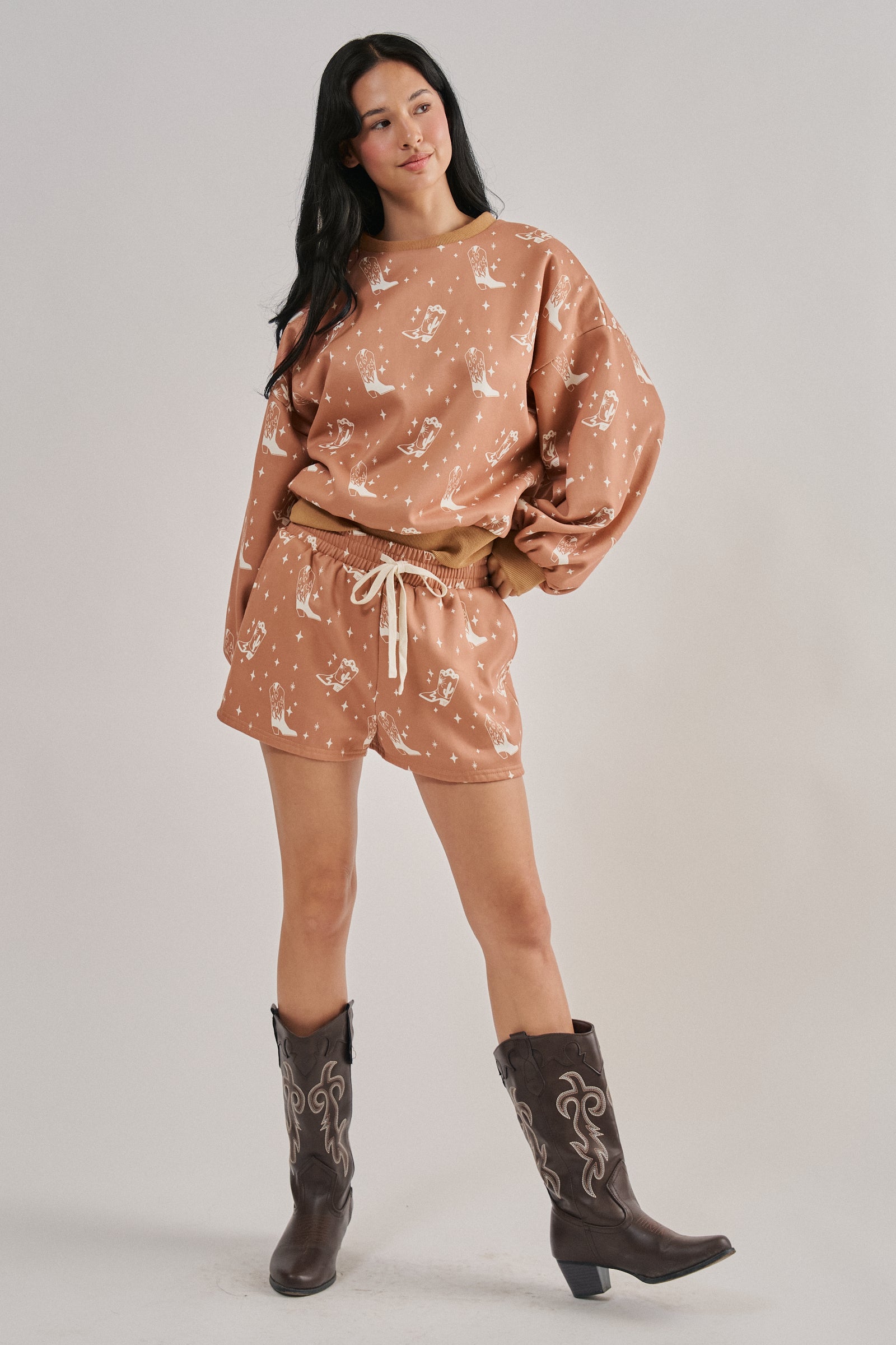 Cowboy Boot Print Sweatshirt and Shorts Set