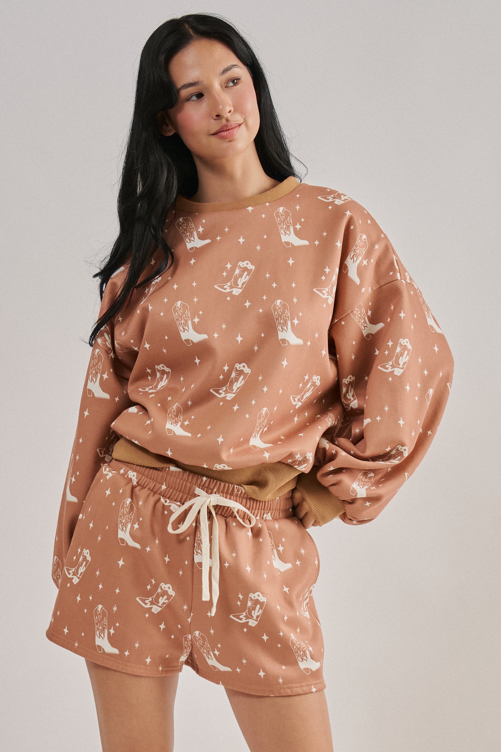 Cowboy Boot Print Sweatshirt and Shorts Set