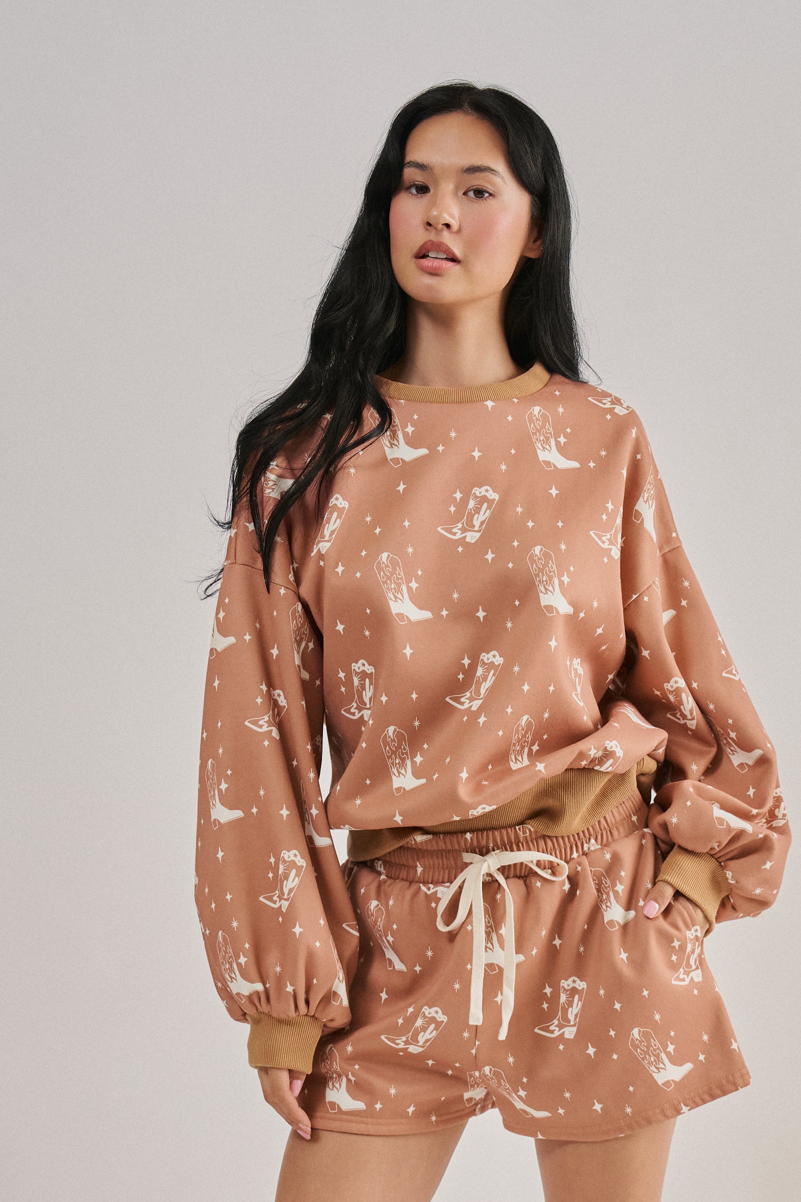 Cowboy Boot Print Sweatshirt and Shorts Set