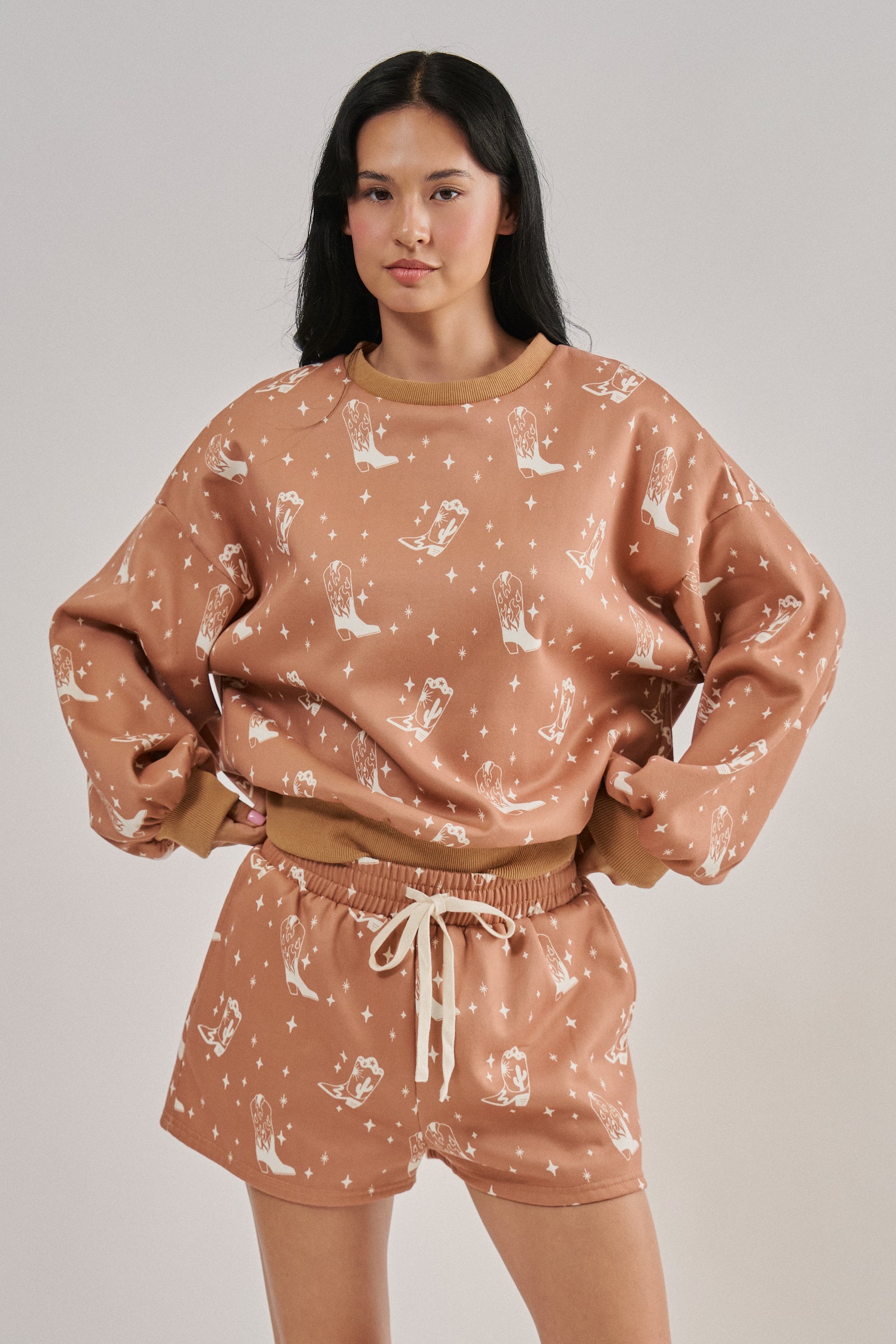 Cowboy Boot Print Sweatshirt and Shorts Set