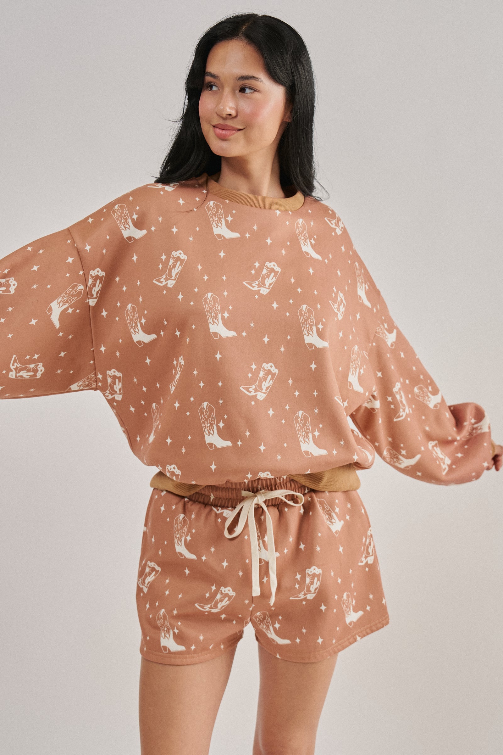 Cowboy Boot Print Sweatshirt and Shorts Set