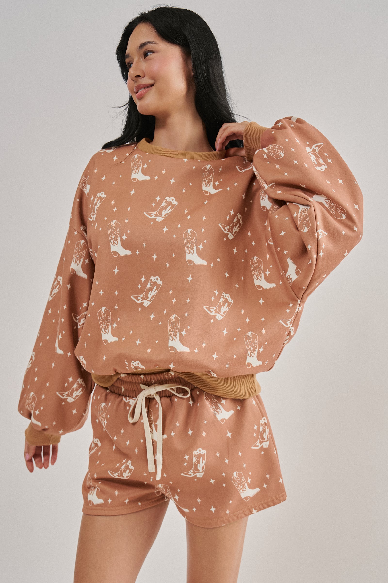 Cowboy Boot Print Sweatshirt and Shorts Set