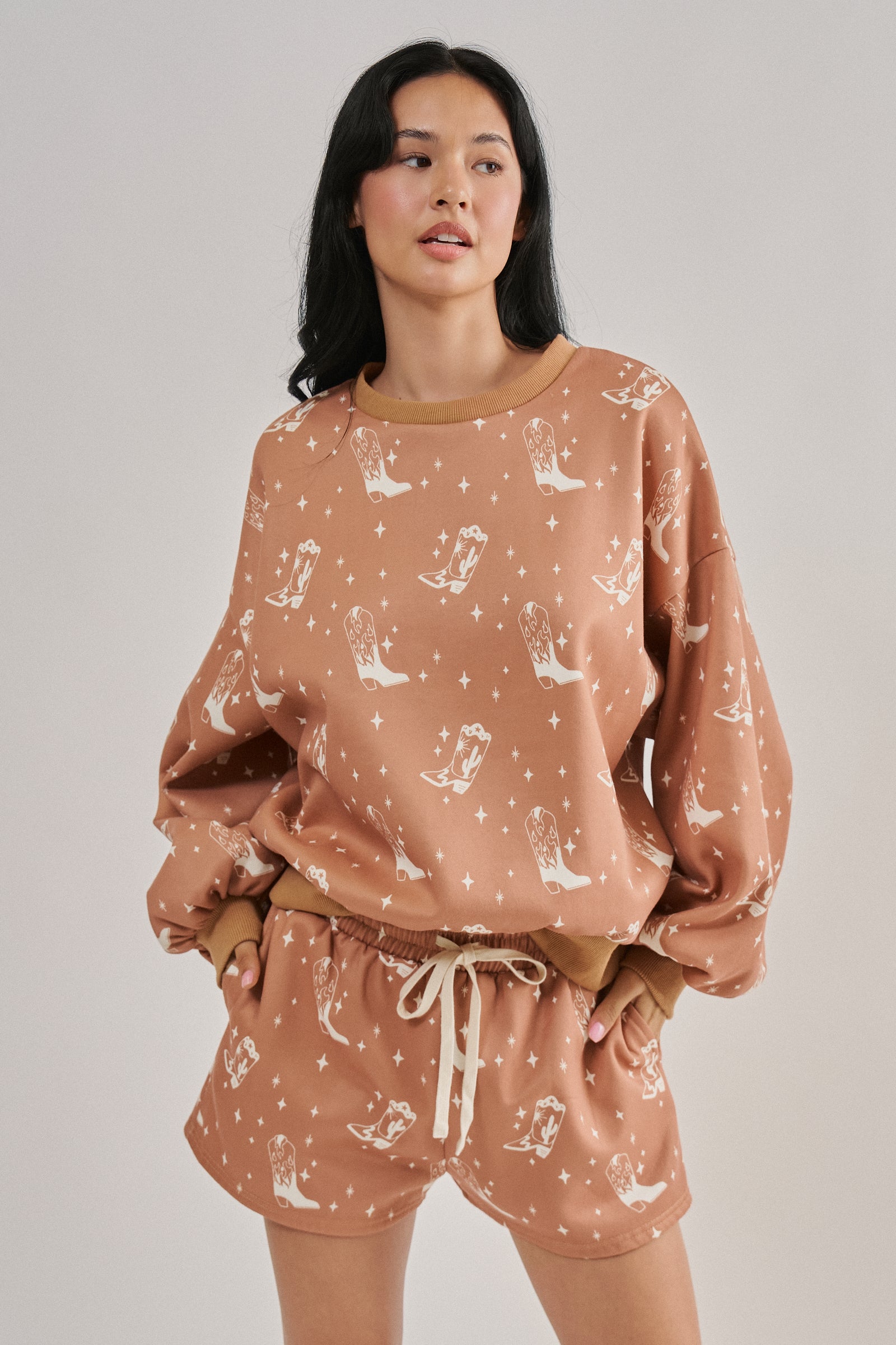 Cowboy Boot Print Sweatshirt and Shorts Set | wholesale sets | Urban Daizy