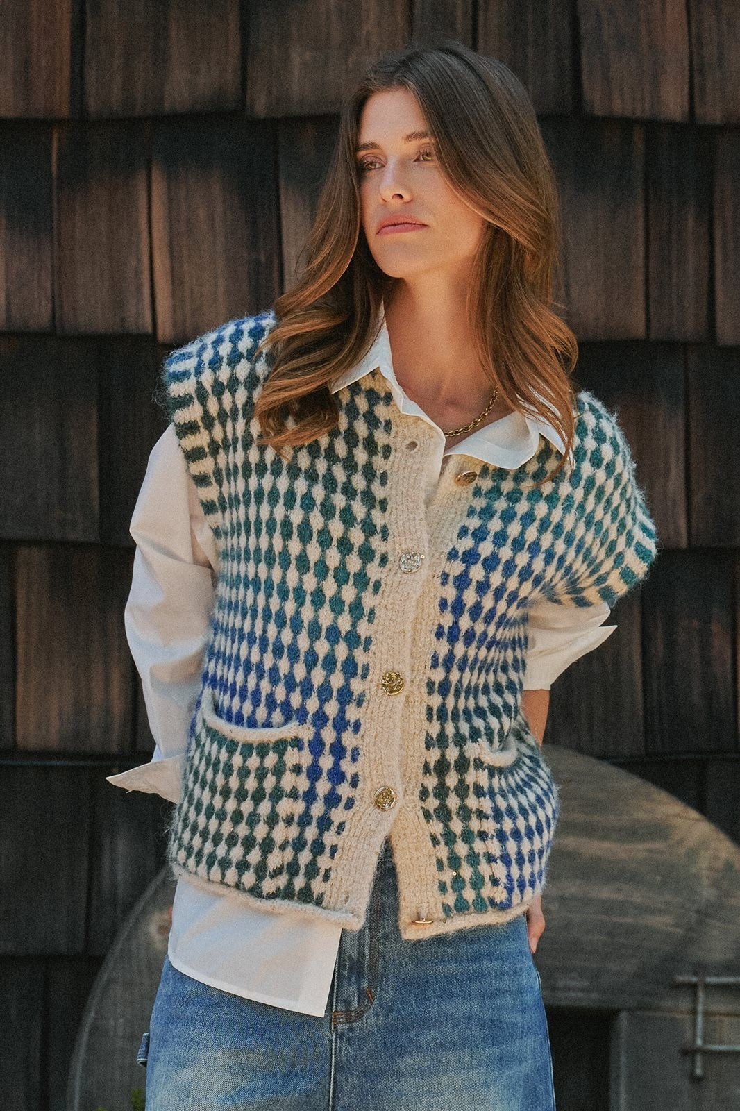 Popcorn Knit Button Front Sweater Vest Wool Blend in GREEN - Women's Sweater Vests | Urban Daizy