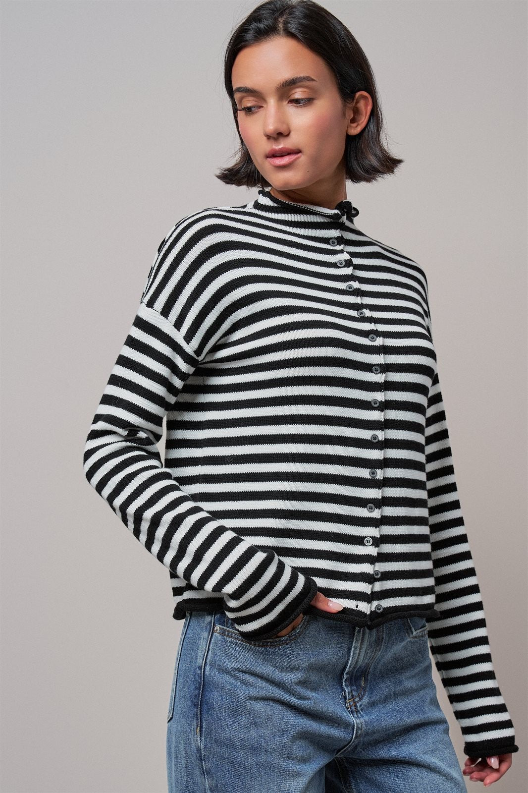 Striped Polo Collar Button Sweater with Rolled Edges in IVORY BLACK - Women's Cardigans & Shrugs | Urban Daizy