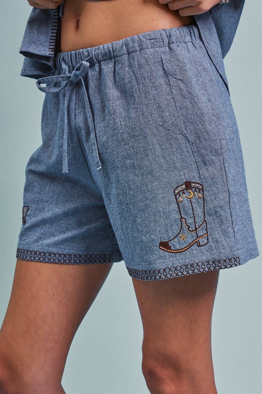 Urban Daizy Sweet Cowgirl Boot Stitch Embroidered Shorts Blue Shorts - Women's (UDZ-PT-00500-Blue)