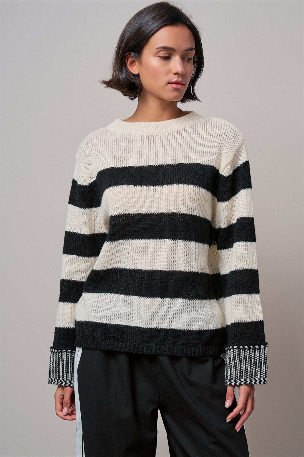 Striped Oversized Chunky Knit Sweater in BLACK - Women's Sweaters | Urban Daizy