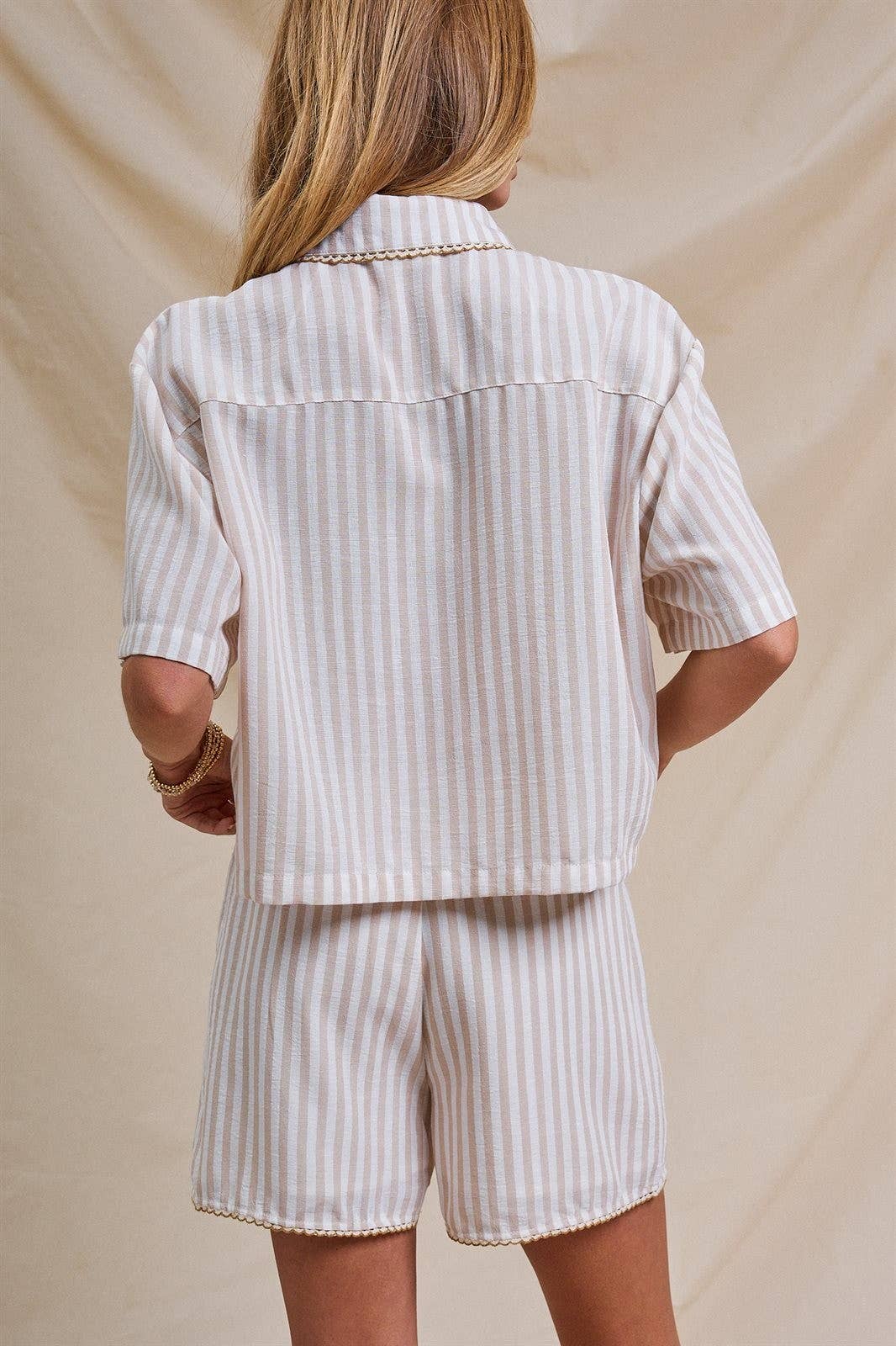 Urban Daizy Striped Scalloped Trim Cropped Shirt Cream Button Down Shirt - Women's (UDZ-TP-01088-Cream) – alternate view 5