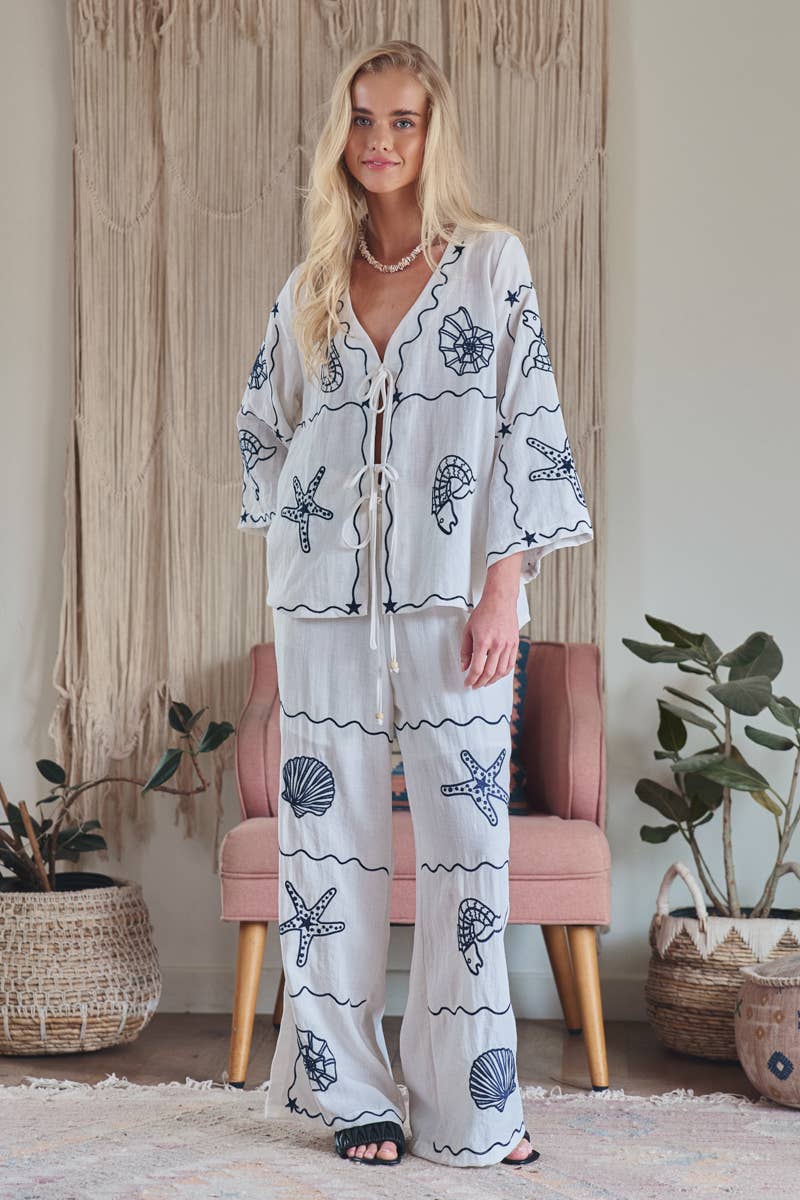 Nautical Shell Embroidered Tie-Front Top