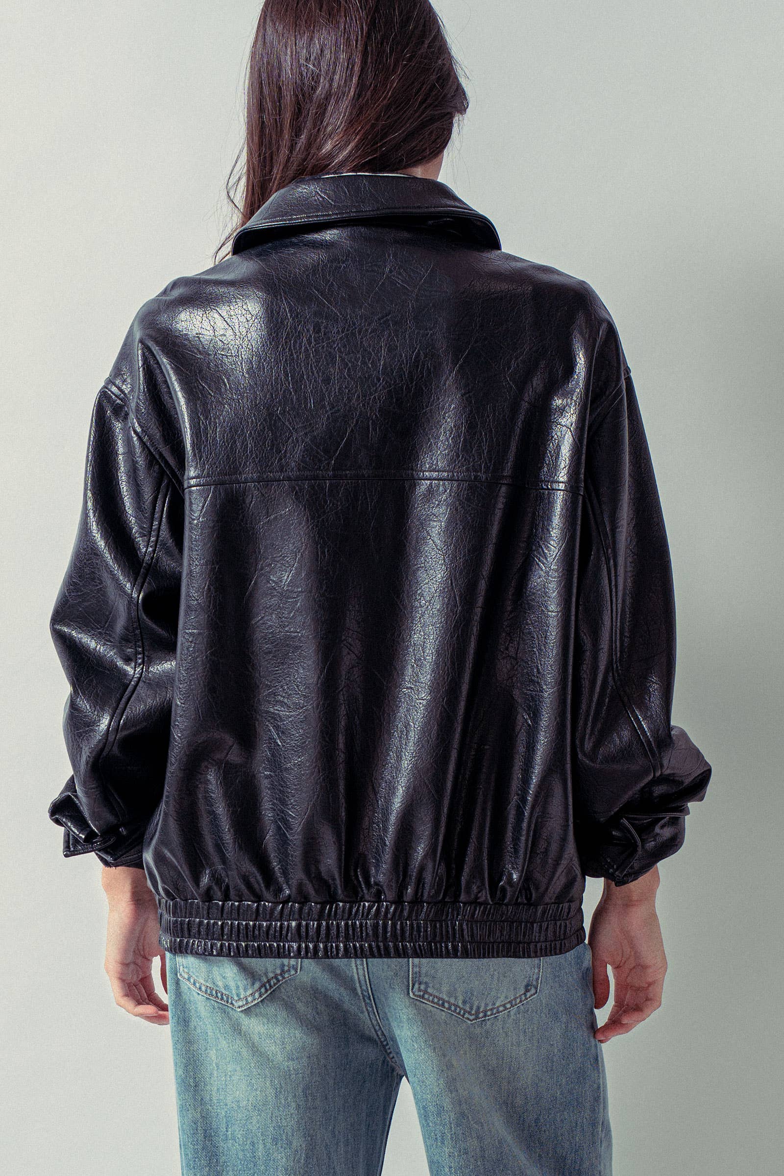 Relaxed Faux Leather Zip-Up Statement Jacket