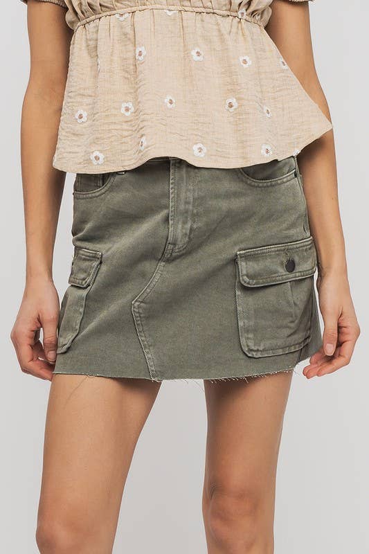 High Rise Raw Hem Utility Pocket Mini Cargo Skirt