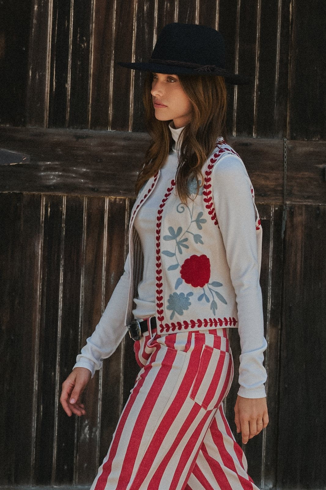 Floral Embroidered Corduroy Vest with Heart Vine Trim in IVORY - Women's Vests | Urban Daizy