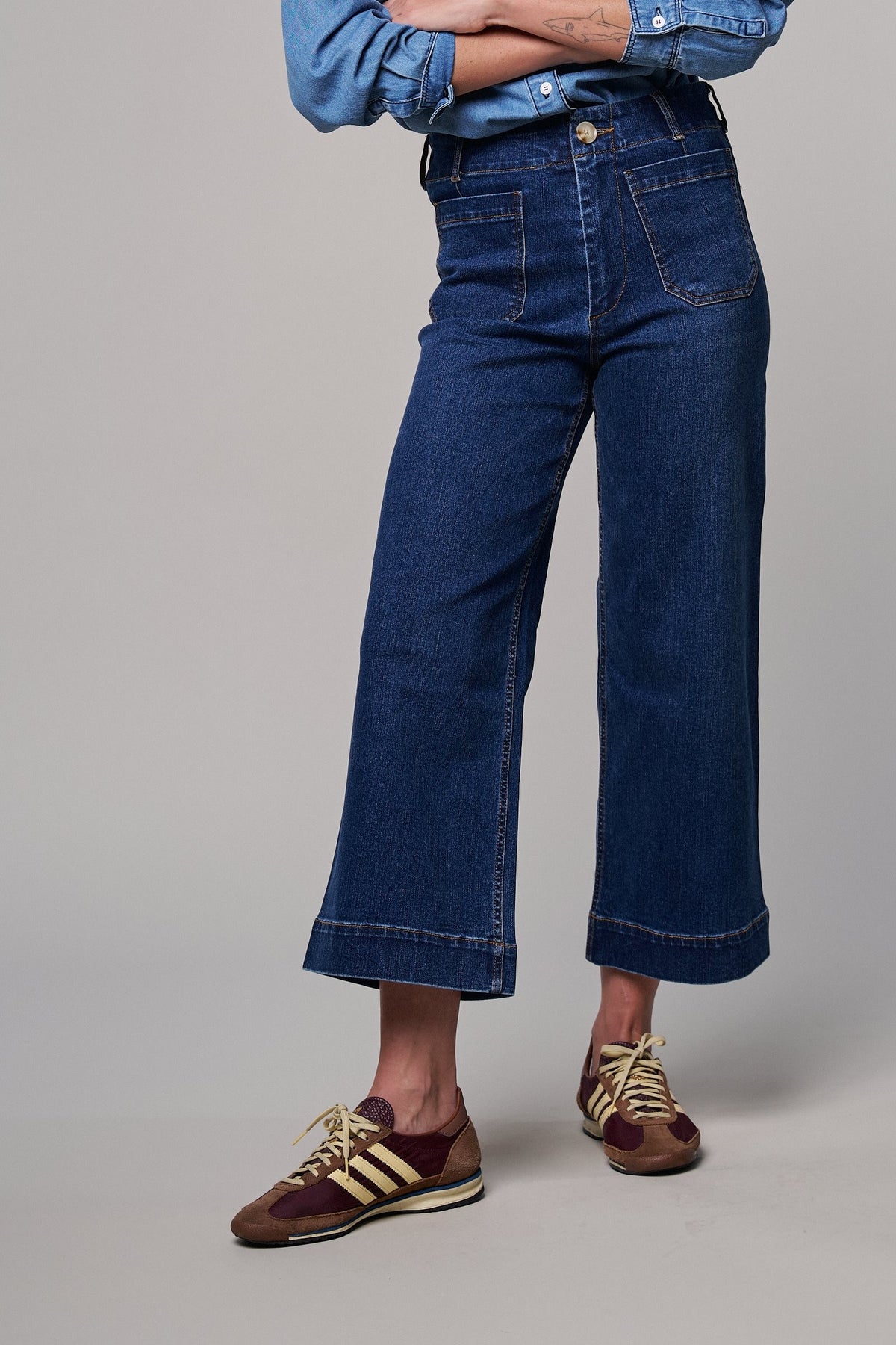 High Waist Wide Leg Denim with Patch Pockets in DENIM - Women's Casual Pants | Urban Daizy