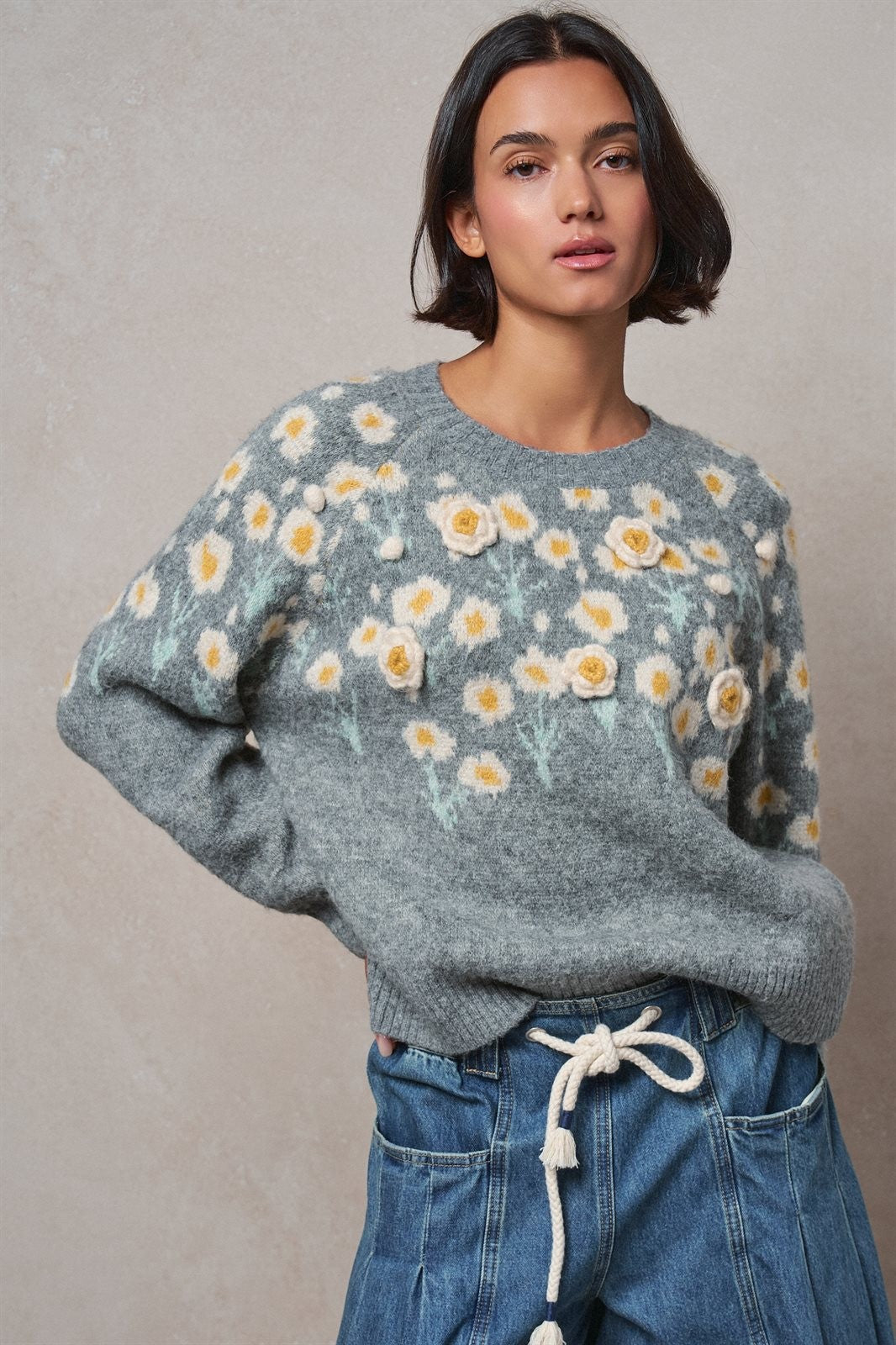 Embossed Floral Knit Sweater in GREY - Women's Sweaters | Urban Daizy