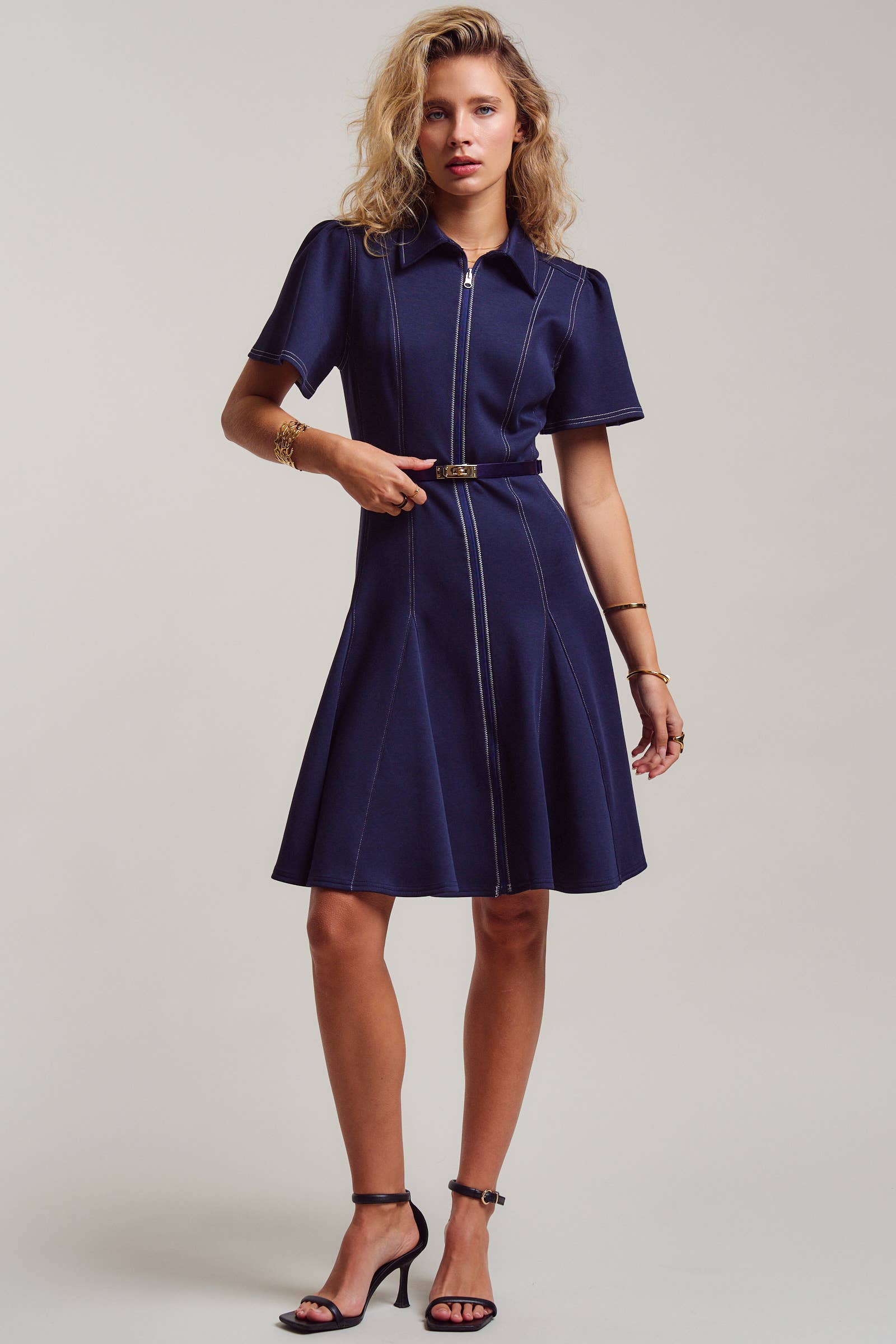 Contrast Stitch Zip Front Knit Mini Dress Belted