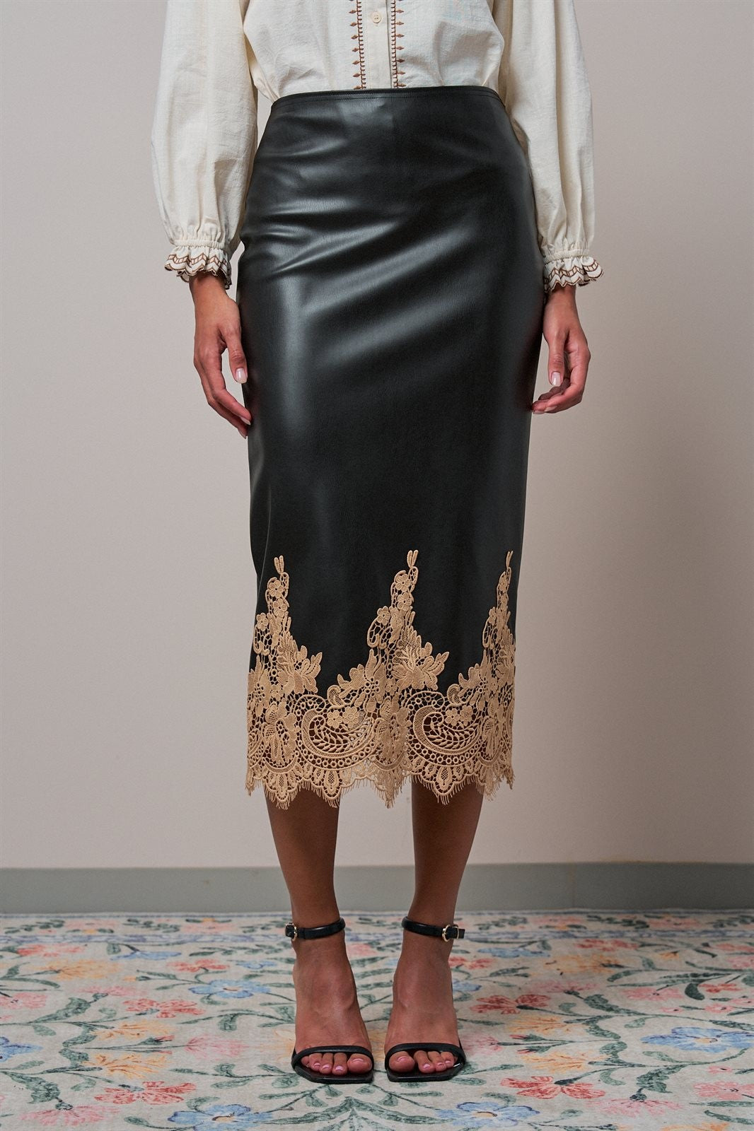 Faux Leather Lace Trim Midi Pencil Skirt in BLACK - Women's Midi Skirts | Urban Daizy