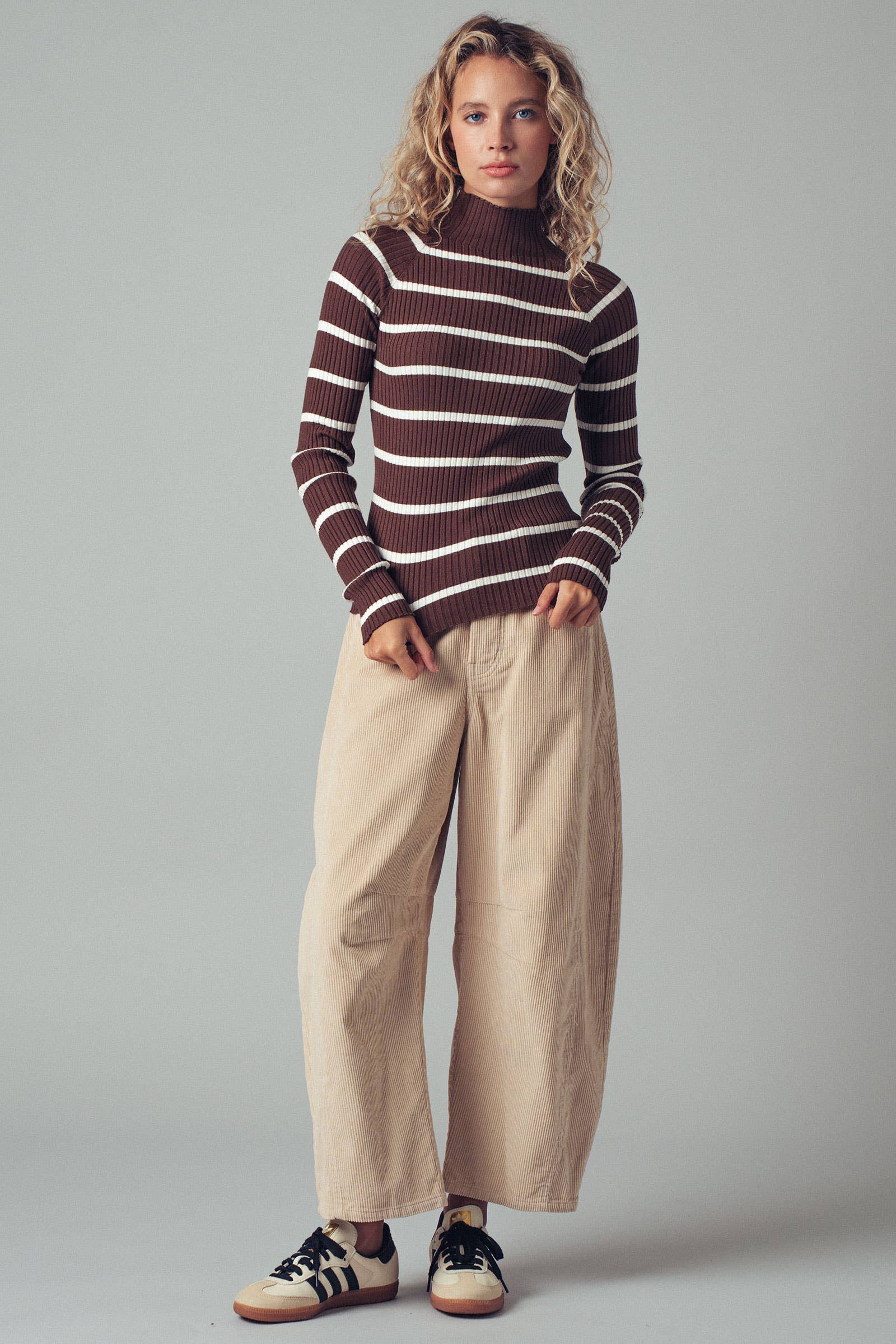 Striped Mock Neck Ribbed Sweater