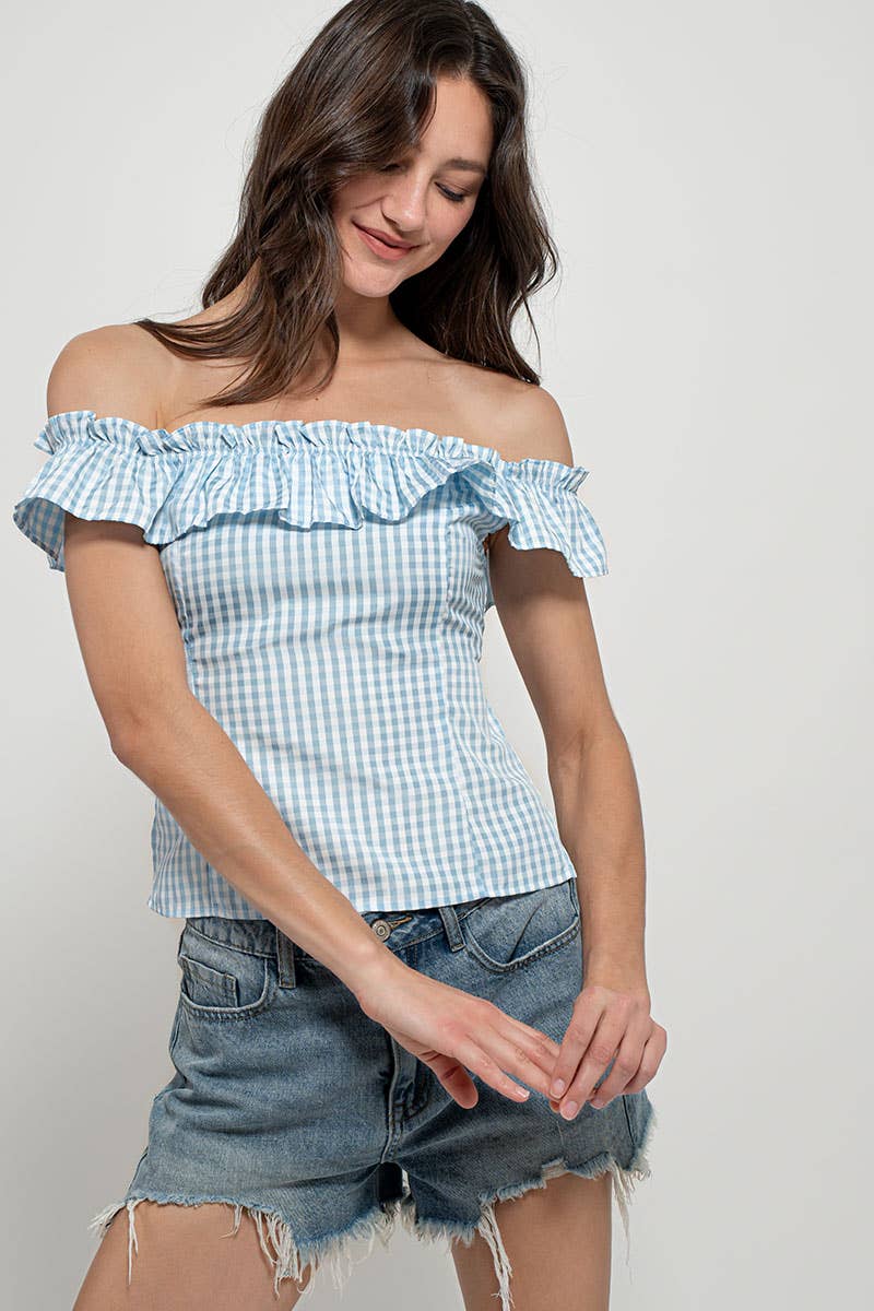 Urban Daizy Gingham Ruffle Off-Shoulder Crop Top Pink Blouse - Women's (UDZ-TP-01034) – alternate view 29