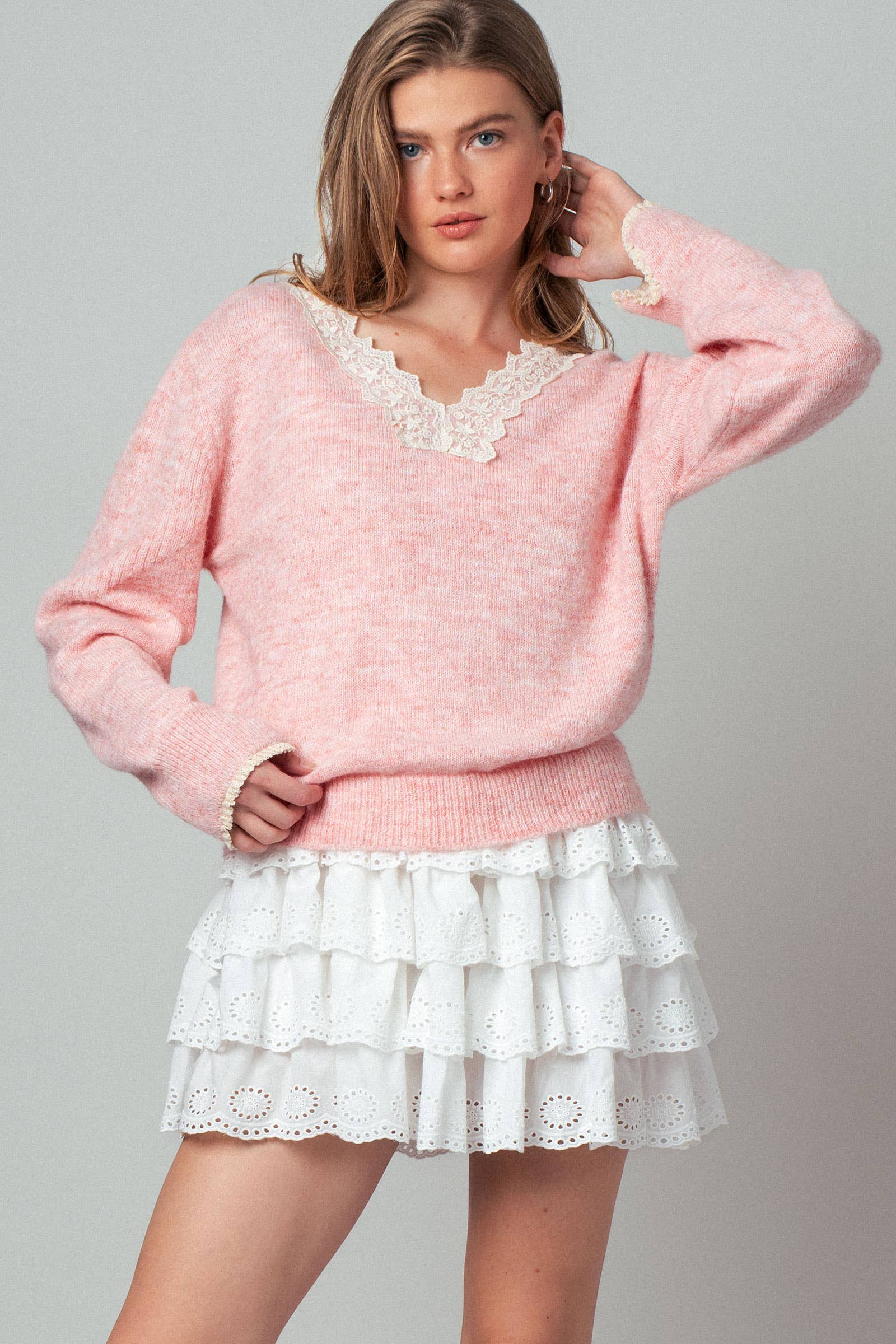 Lace Trim V-Neck Heathered Knit Sweater