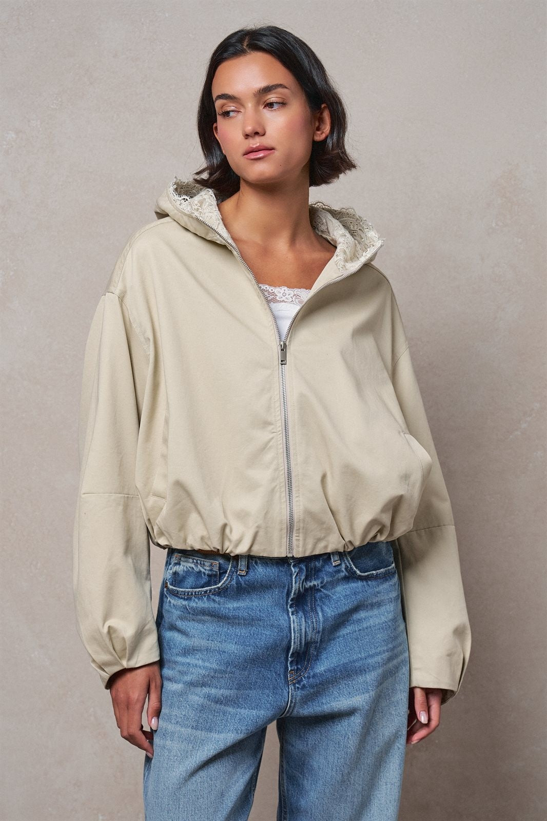 Oversized Hooded Zip-Front Cotton Jacket in KHAKI - Women's Jackets & Blazers | Urban Daizy