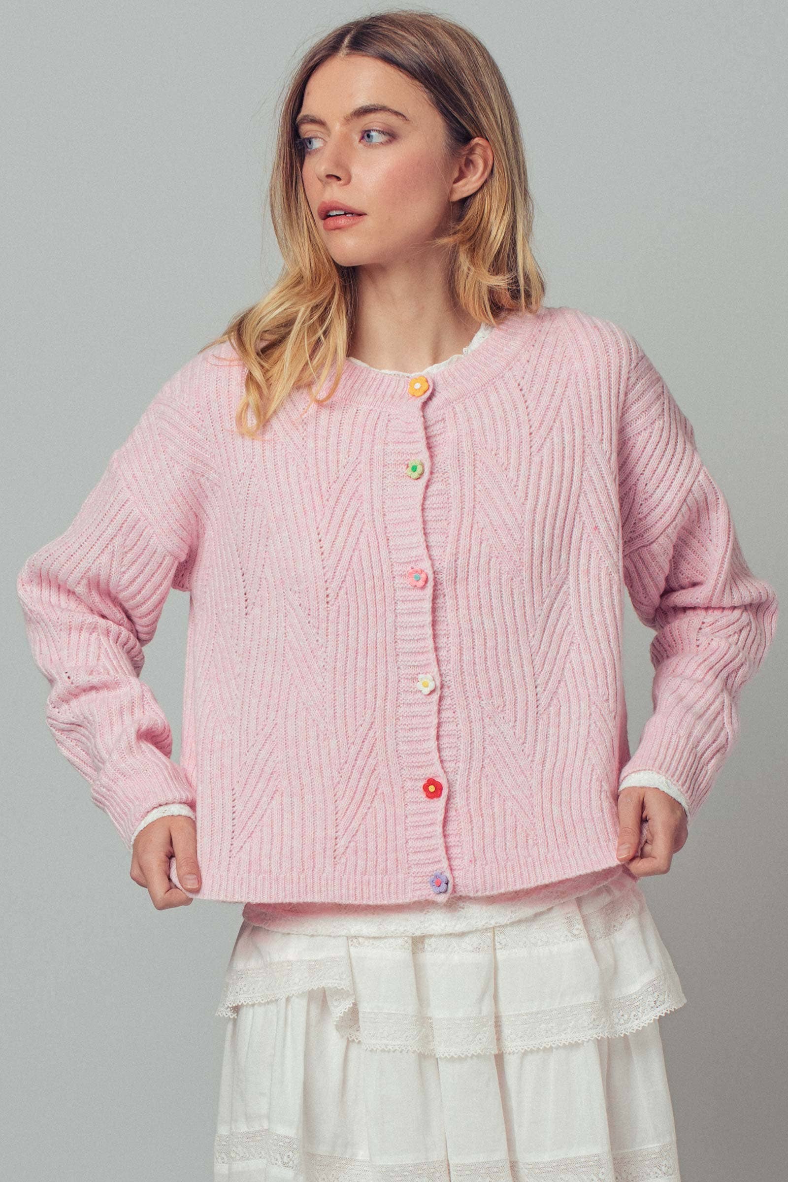 Flower Button Textured Knit Cardigan